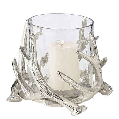 EDZARD Windlicht Kingston, Kerzenhalter im Geweih-Design für Stumpenkerzen, Kerzenleuchter mit Silber-Optik, Höhe 15 cm, Ø 17