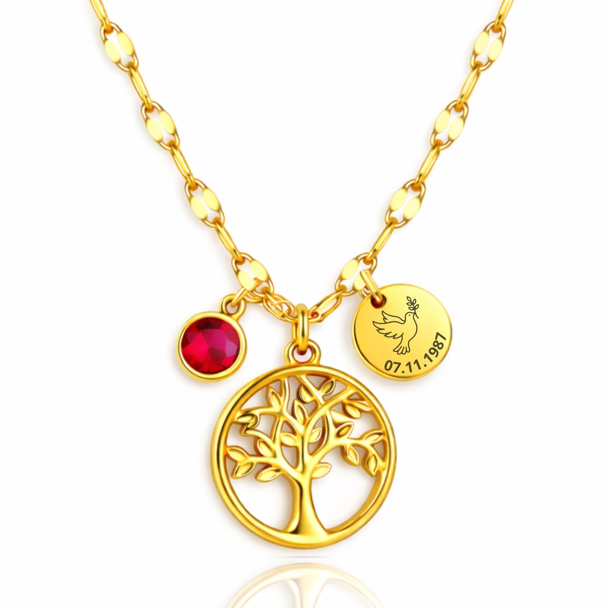 Kette mit Anhänger mit Gravur Personalisierte Halskette Damen Lebensbaum mit Geburtsstein Gravur