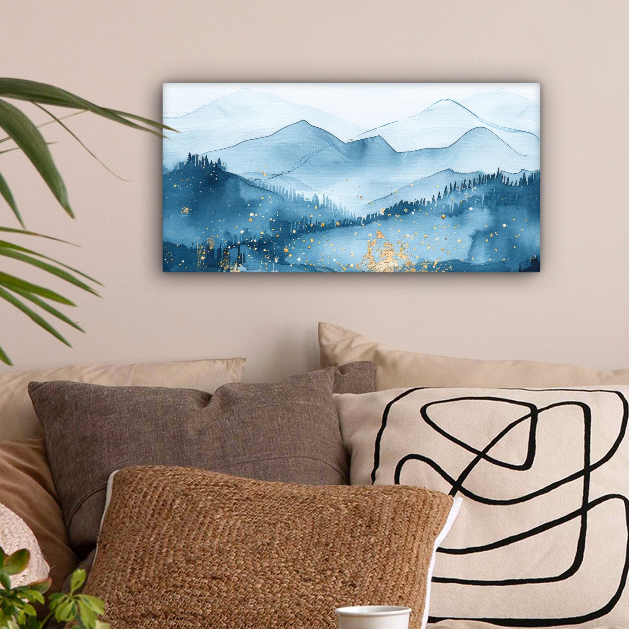 OneMillionCanvasses® Leinwandbild Panorama Landschaft - Blau - Modern - Gold - Abstrakt, Fotodruck (1 St), Wandbild, Deko Schlafzimmer Wohnzimmer Flur 40x20 cm