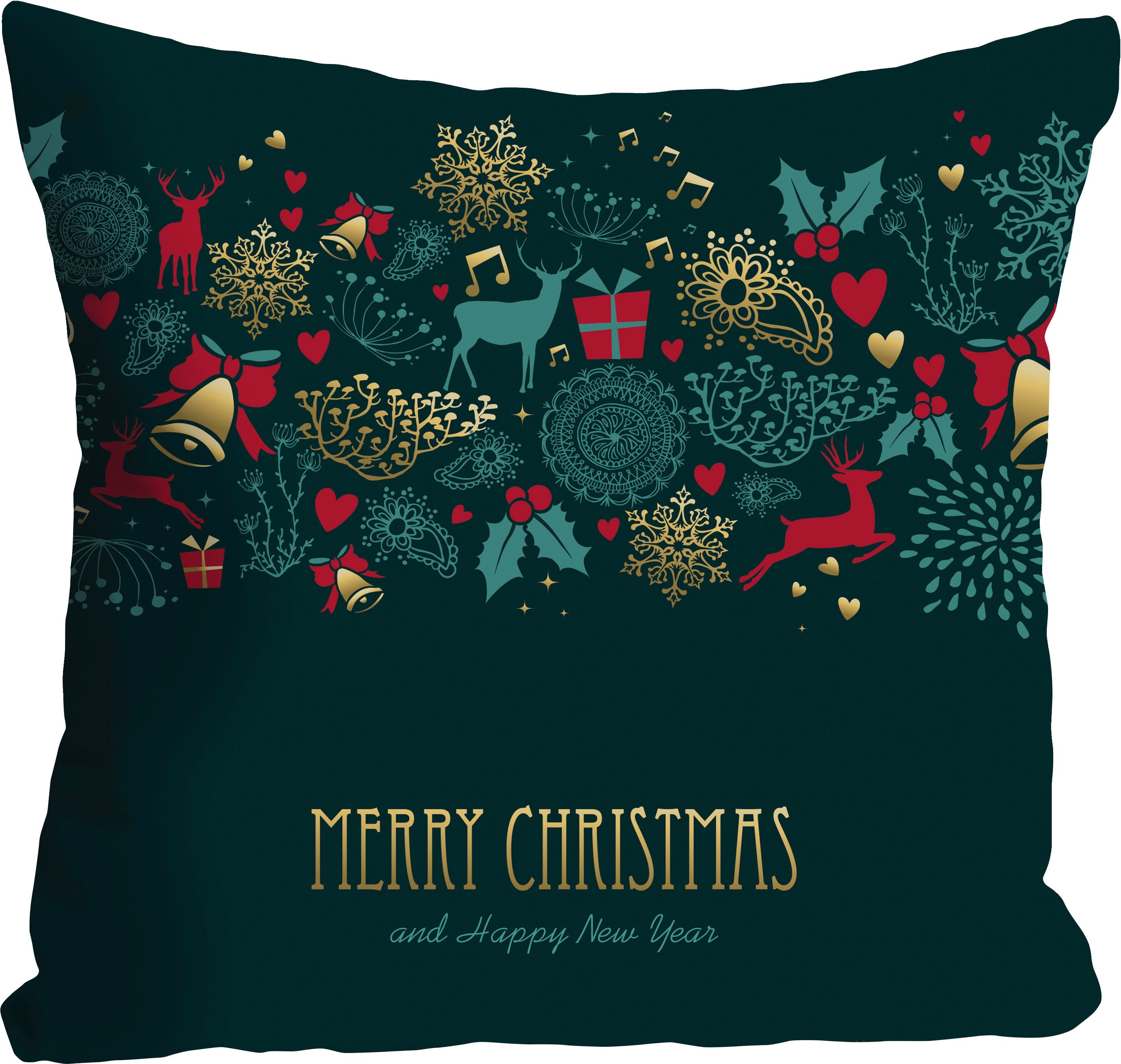 queence Dekokissen Feiertage, Kissenhülle,Merry Christmas and a Happy New Year,Schriftzug,Festlich