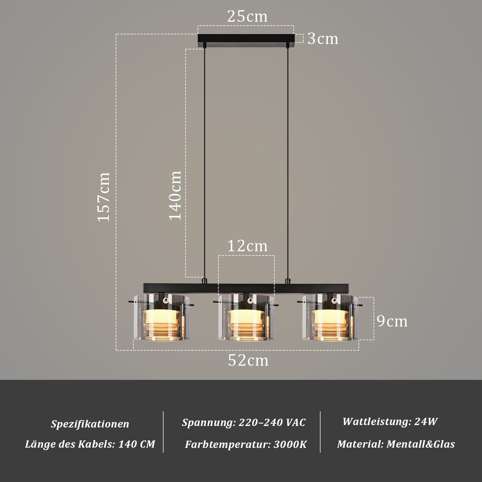 Nettlife LED Pendelleuchte 1/3/4flammig Retro Hängelampe Glas Esszimmerlampe 2700K Warmweiß, LED fest integriert, Extra-Warmweiß, für Esszimmer Wohnzimmer Küche – Bild 3 von 5