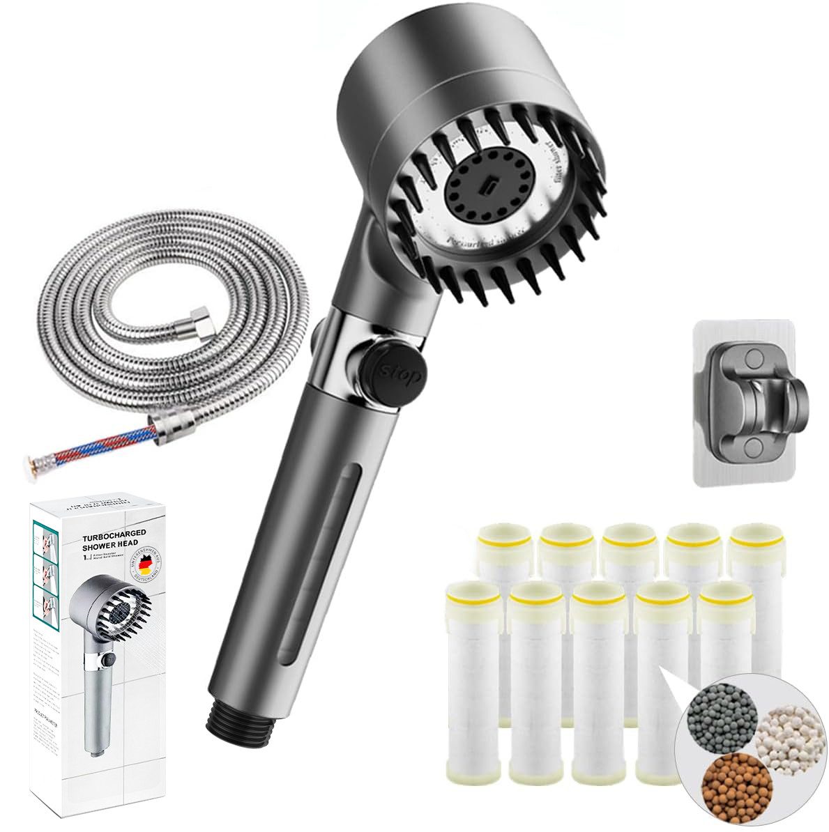 FOSMET Handbrause Gefilterter Duschkopf mit Handbrause, 10 Ersatzfilter, 2 m Schlauch, Gefilterter Duschkopf mit Halterung,3+1 Strahlarten, für hartes Wasser