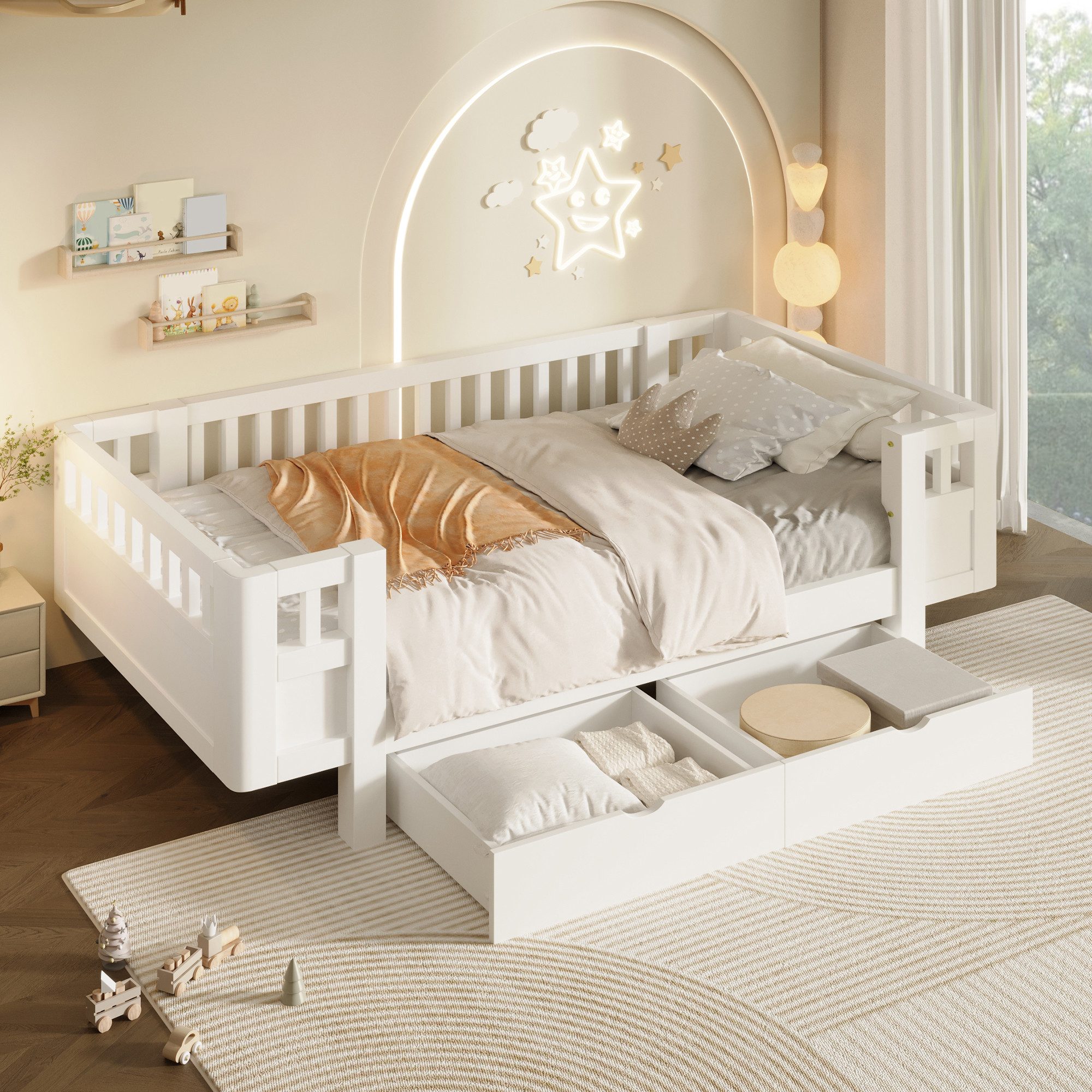Flieks Massivholzbett, Kinderbett 90x200cm mit 2 Schubladen und Schutzgitter