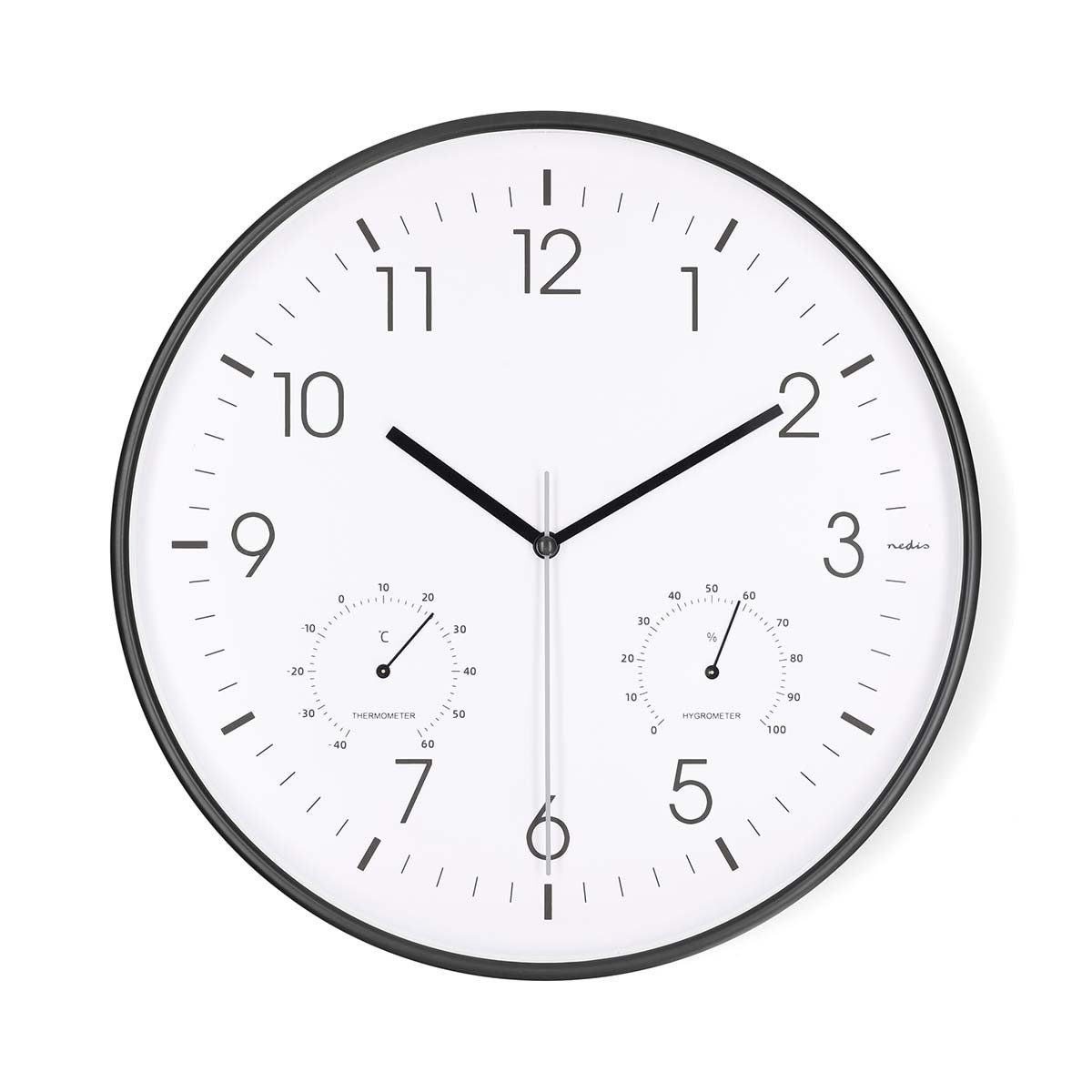 Nedis Wanduhr CLWA4226BK (Leise Bewegung, Thermometer, Hygrometer, gut ablesbares Display)