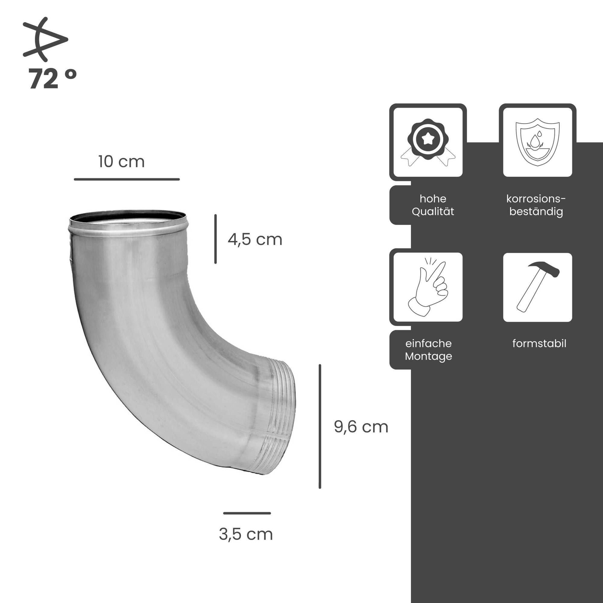 Zambelli Regenfallrohr, (Fallrohrbogen 72 Grad verzinkt, einteilig gefalzt DN 100 Silber), Rohrbogen hoher Korrosionsschutz, einfache Montage ohne löten