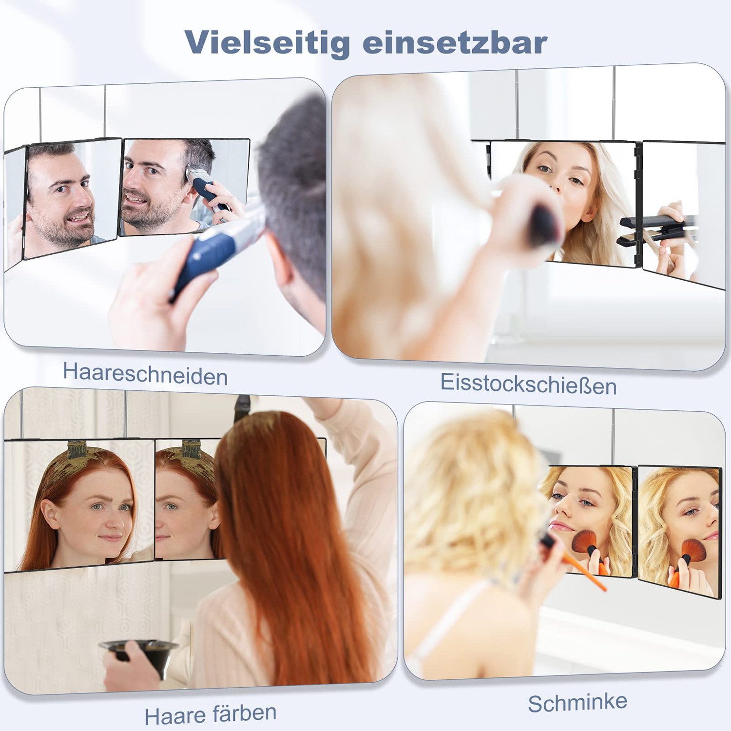 ibettertec LED-Lichtspiegel 360 Grad Spiegel zum Aufhängen - Klappspiegel 3 Teilig Spiegel Haare, Höhenverstellbarer Kosmetikspiegel für Makeup Rasieren Frisieren