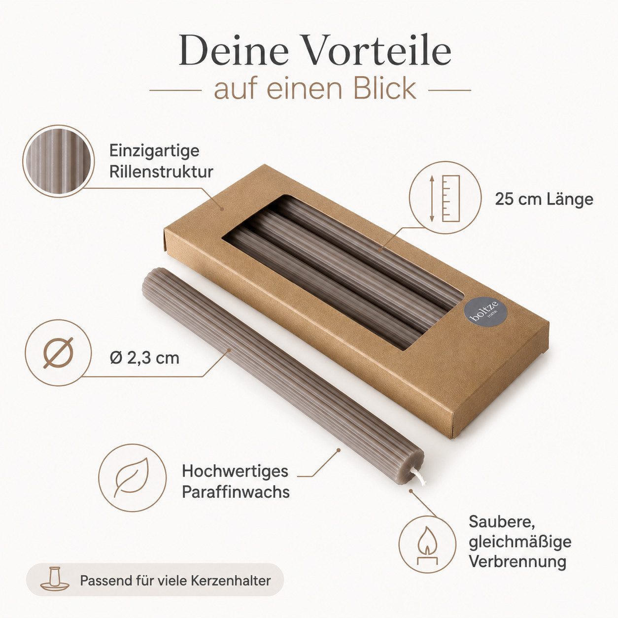 BOLTZE Tafelkerze Stabkerzen Klassik Braun 4er-Set mit Rillen 25 cm