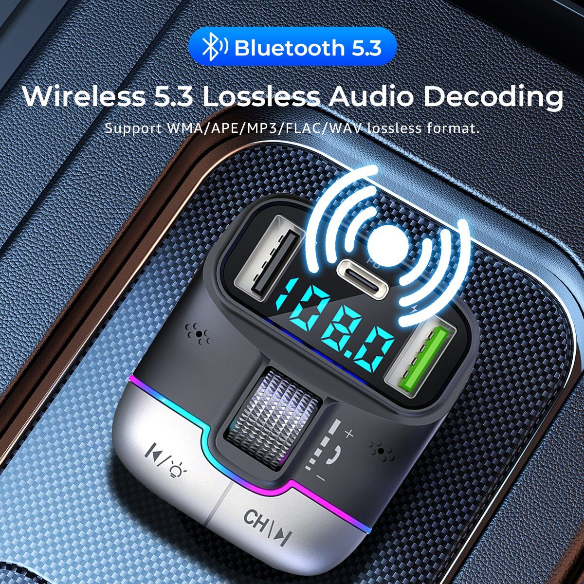 FM 3 Freisprechfunktion Adapter Bluetooth 5.3 Auto Anschlüsse, Player KFZ-Transmitter 3-in-1 zu Transmitter, USB MP3 mit QC3.0, 7Magic
