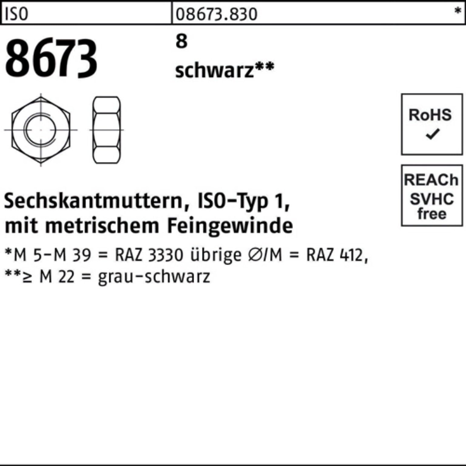 ISO Stück sc Muttern Reyher sw 8673 Sechskantmutter 8 1 ISO 8673 6 100er 8 M80x Pack