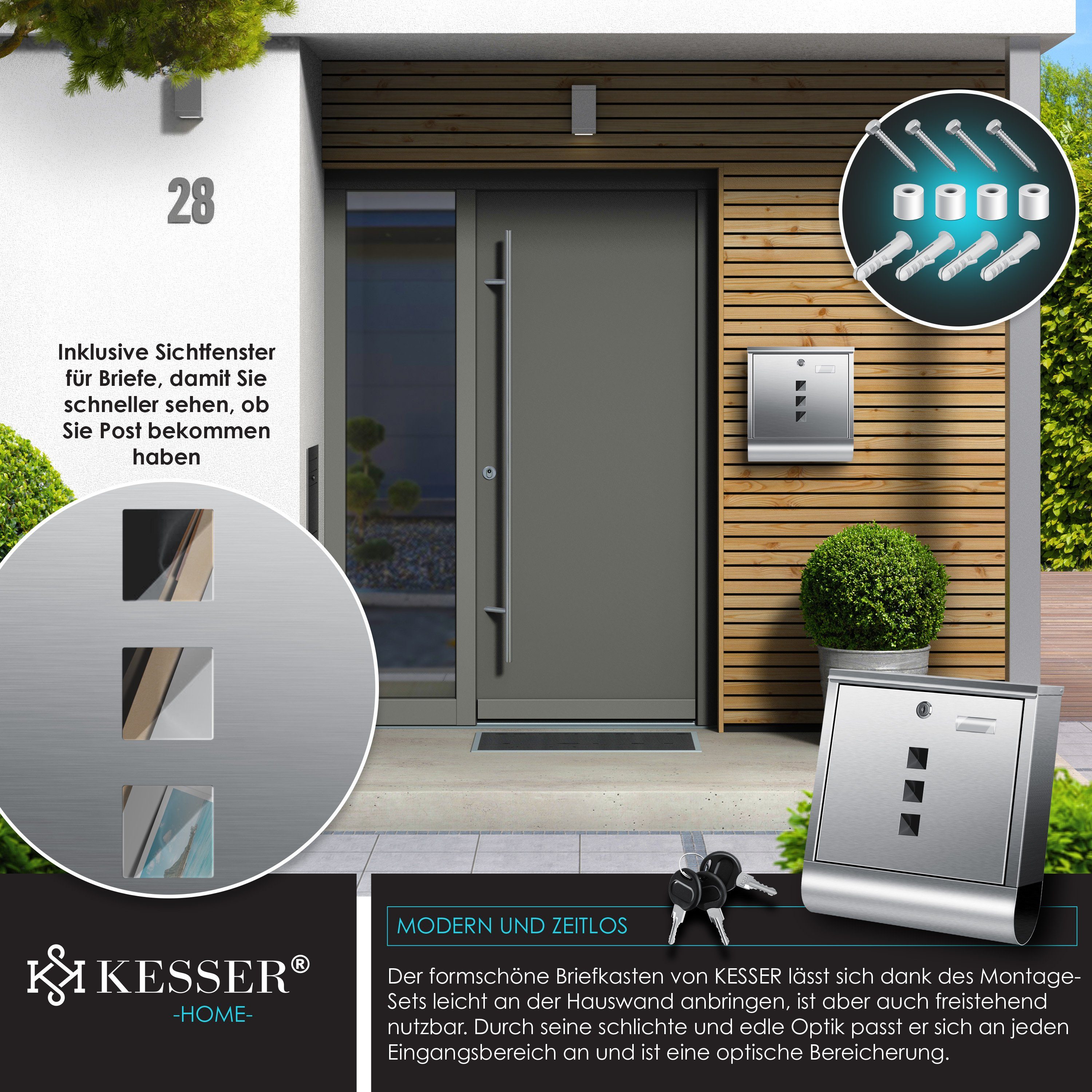 KESSER Briefkasten aus Edelstahl mit Zeitungsfach, 3x Schlüssel & Wandmontage-Material, (Pulverbeschichtet & gebürstet) mit Namensschild & Sichtfenster – Bild 5 von 5