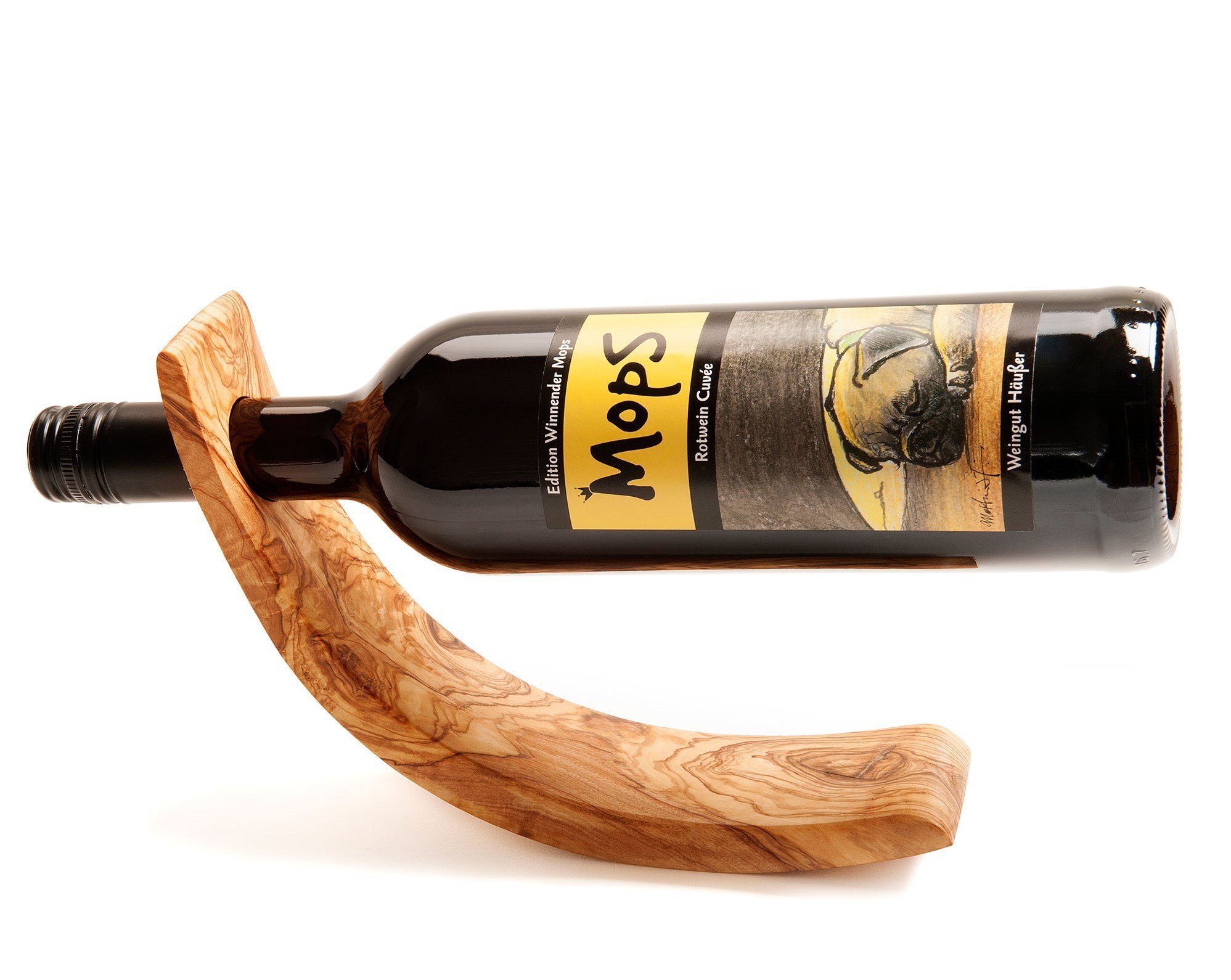 NATUREHOME Weinflaschenhalter Design Weinständer Flaschenhalter elegantes Olivenholz 25cm, Loch 3cm, Unikat, Vegan