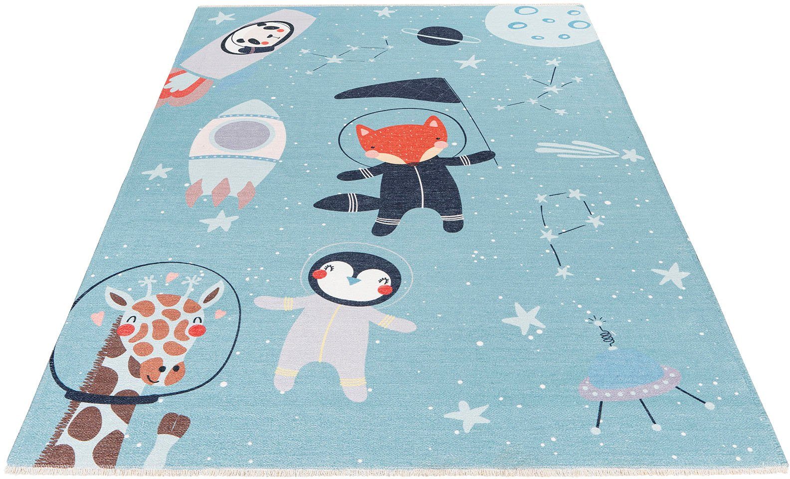 Obsession Kinderteppich My Greta 600, rechteckig, Höhe: 6 mm, Kurzflor, Motiv Tiere im Weltraum, mit Fransen, Kinderzimmer