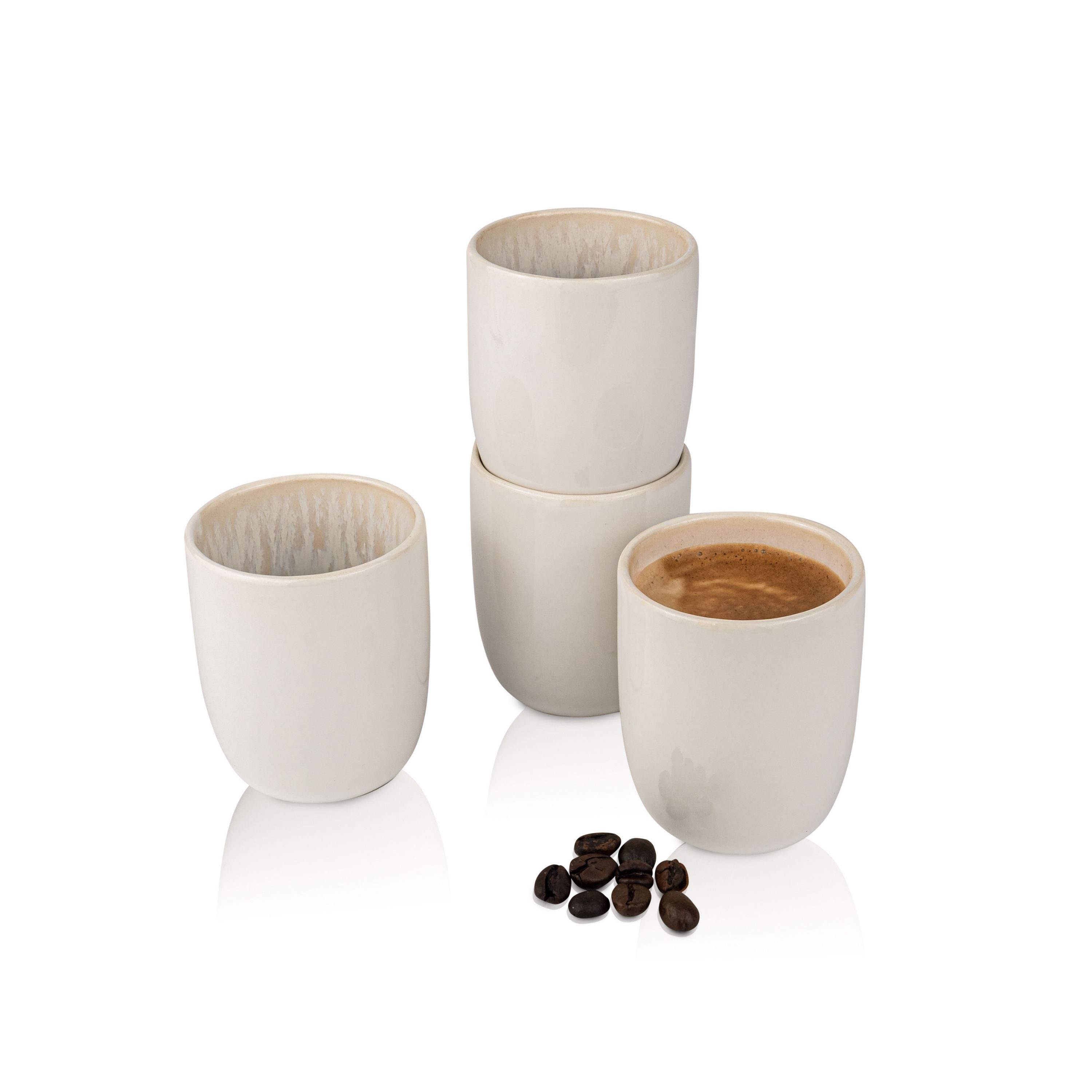 SÄNGER Becher Korfu Espressobecher Set (4-teilig), Steingut, Creme Farben mit Sandiger Maserung, 80 ml, Handmade