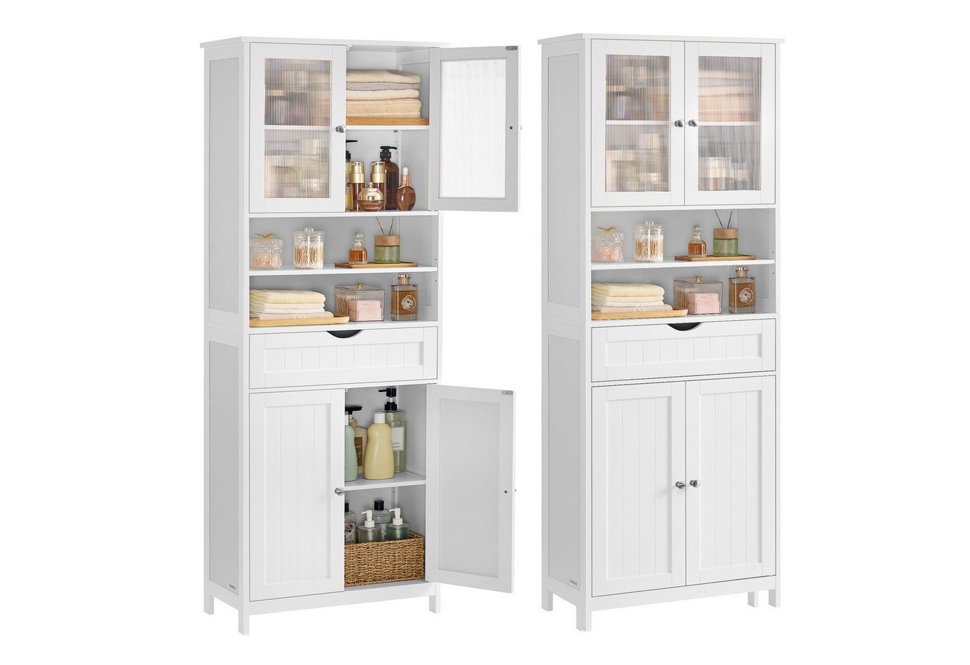 VASAGLE Badkommode Badschrank, Aufbewahrungsschrank mit verstellbaren Ablagen, Schublade (ohne/mit LED-Beleuchtung), offenen Fächern, für Badezimmer, Wohnzimmer, Esszimmer