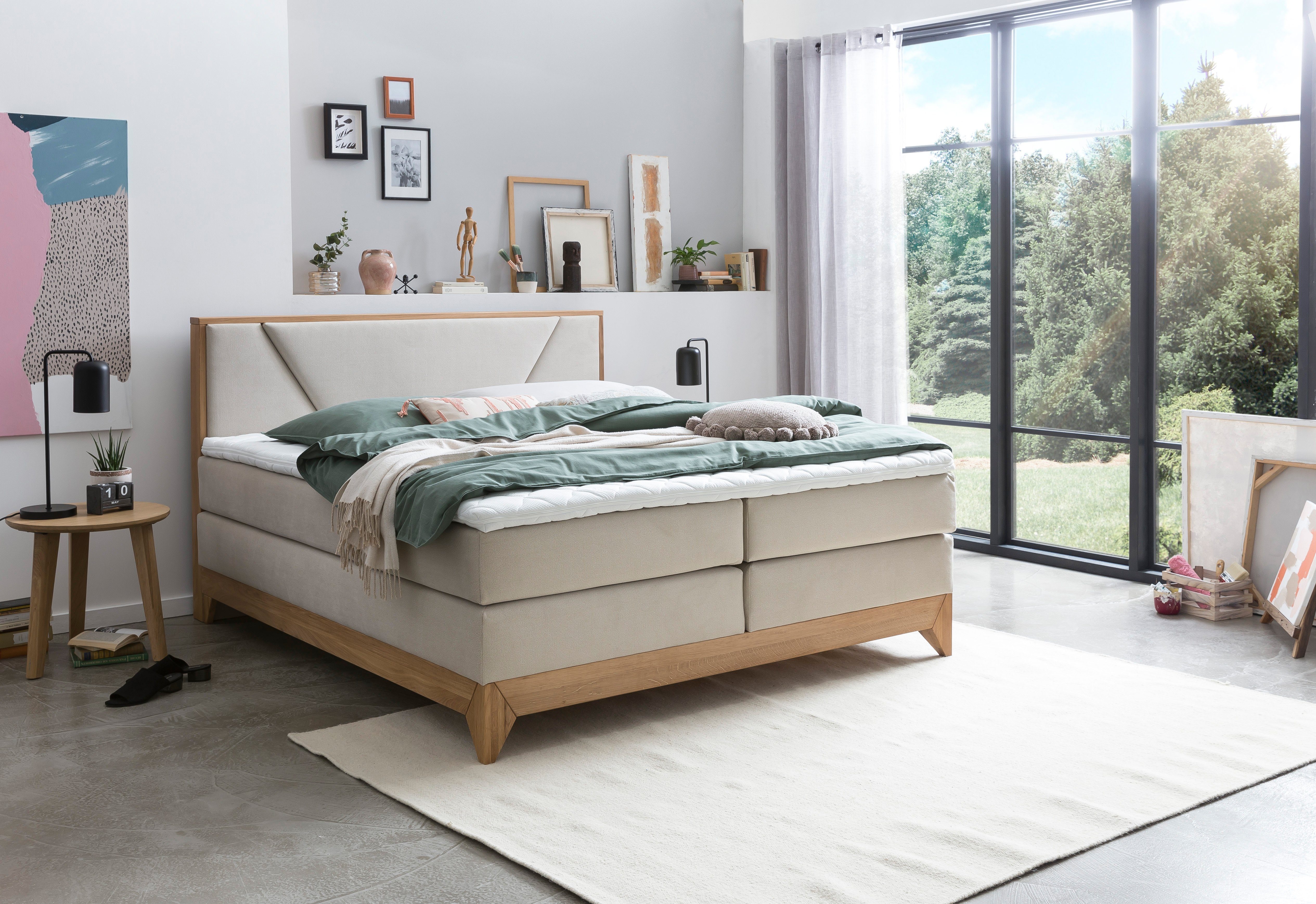 Belanoti Boxspringbett Riviera (Boxspringbett 160x200 Eiche 7-Zonen Taschenfederkern Matratze inkl, Visco Topper Bett 160x200 in der Farbe Beige H2/H3 Polsterbett), Hotelbett mit Massivholz Eiche Massivholzbett