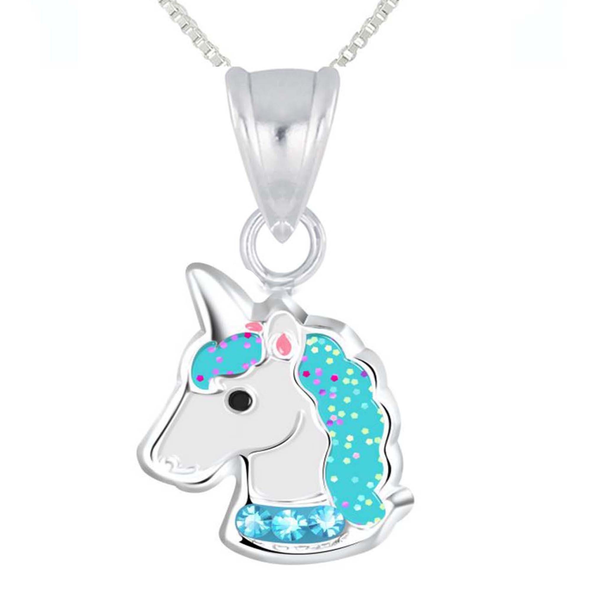 schmuck23 Kette und Anhänger Set Anhänger mit Kette Einhorn 925 Silber Kinder Mädchen Pferd (Halskette mit Anhänger), Silberanhänger Kettenanhänger Kinderschmuck Halskette Blau