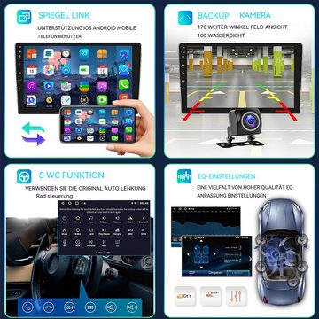 Hikity Android 2 Din GPS 10'' HD 1080P 2.5D Tempered Glass Mirror MP5 Player Autoradio (FM Radio, Carplay Spiegel Link)