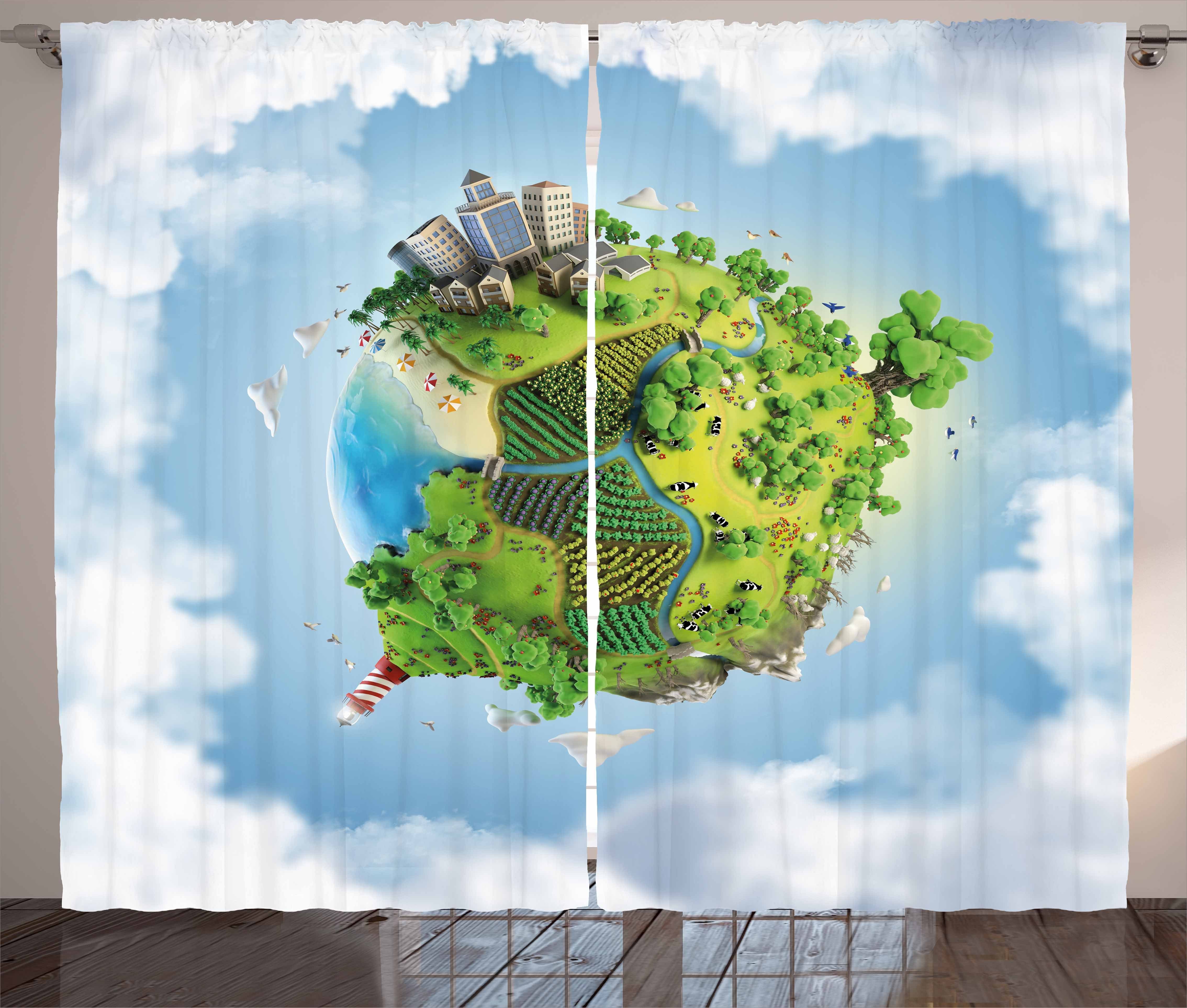 Gardine Schlafzimmer Kräuselband Vorhang Globe Abakuhaus, Welt mit und Greenery Cartoon Haken, Schlaufen