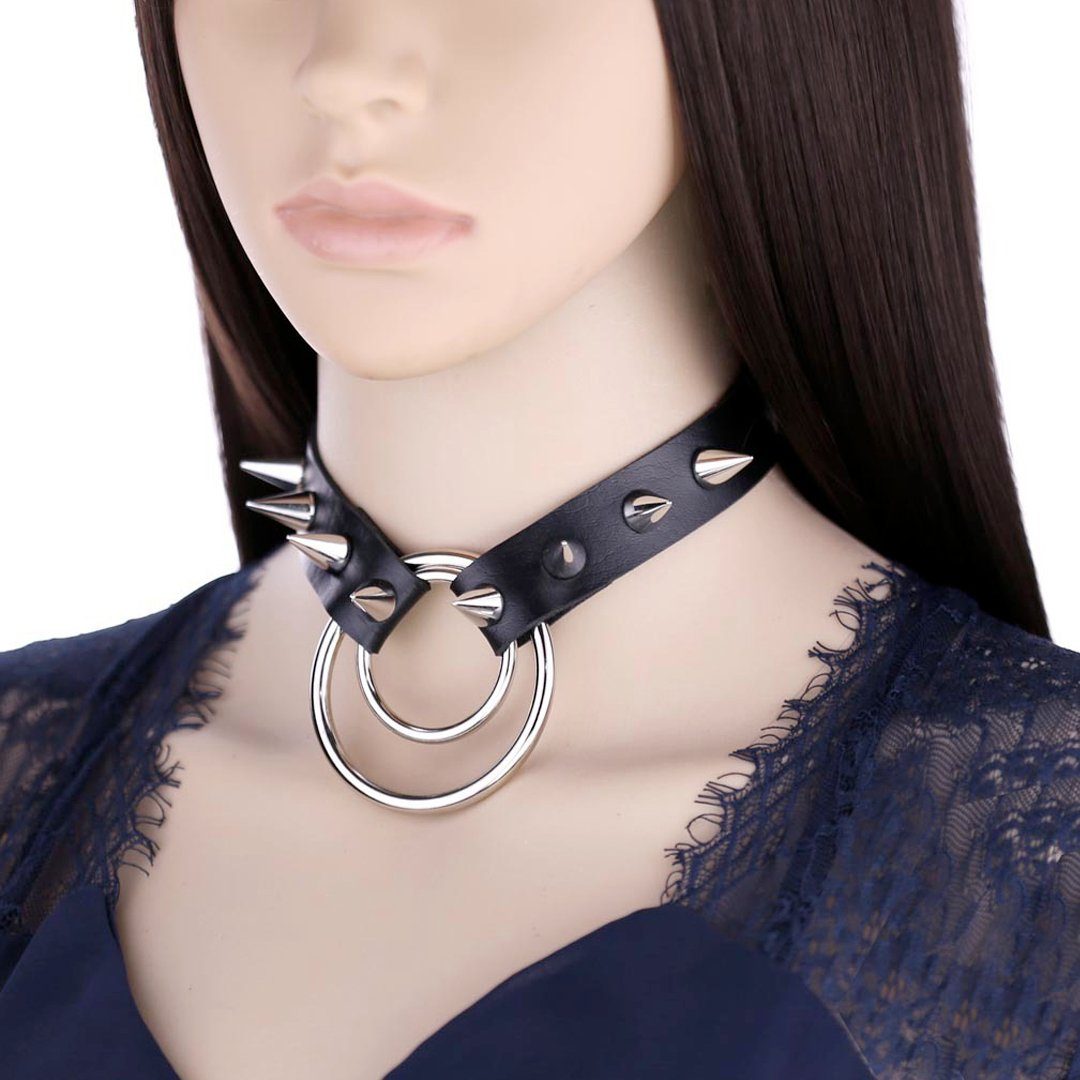Sandritas Erotik-Halsband und silber schwarz, Nieten Halsband - mit O-Ring
