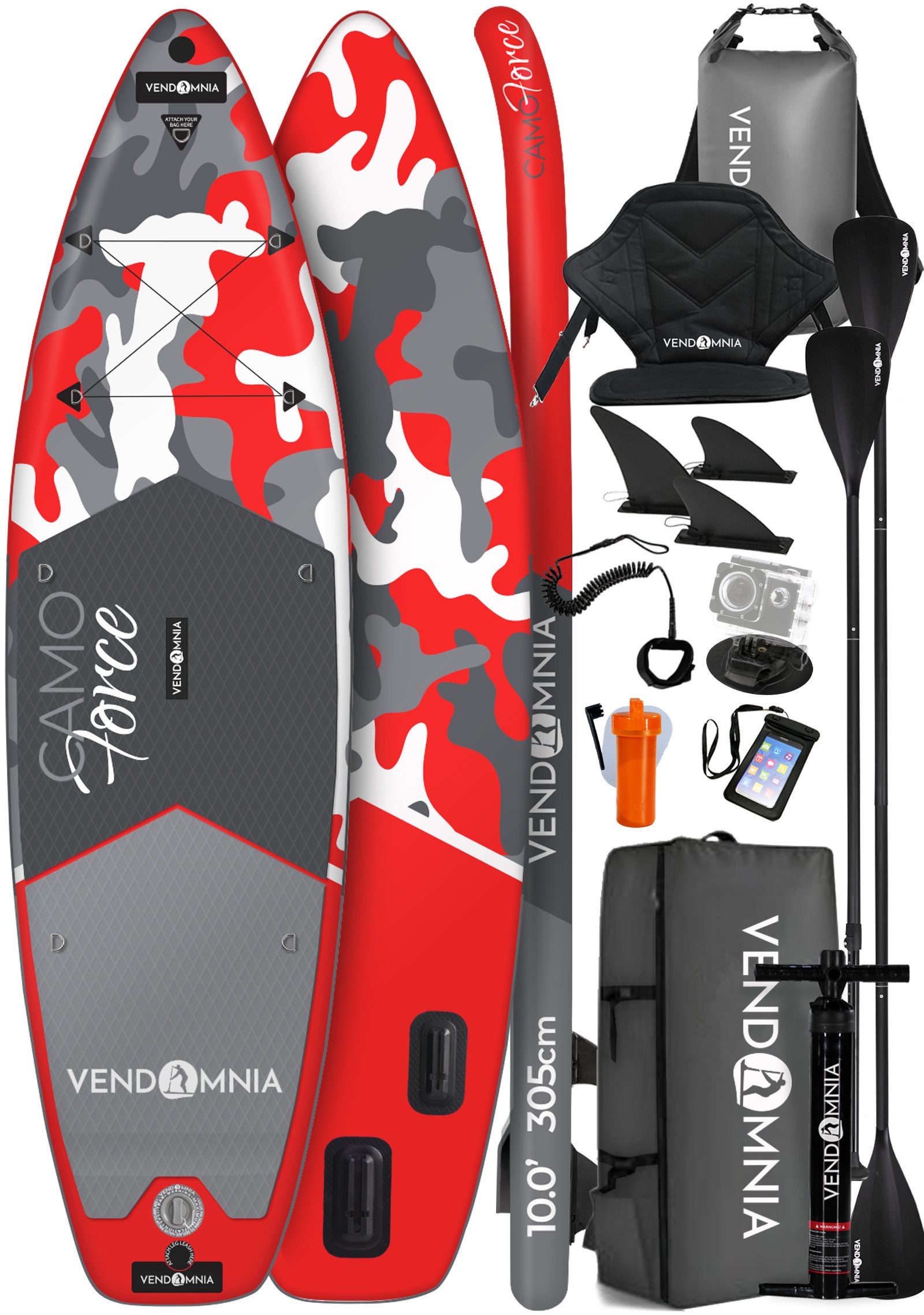 VENDOMNIA SUP-Board aufblasbar, 57 Modelle, Größe 305cm, Stand Up Paddle Board, (15 cm dick, 3 PVC Schichten, max 170 kg), Paddling board, Paddelboard, Surfboard, (Kajaksitz - Rucksack - Pumpe - Doppelpaddel - Tragetasche - Cam Holder - 30l Drybag - Beinleine - Handytasche - Kickpad)