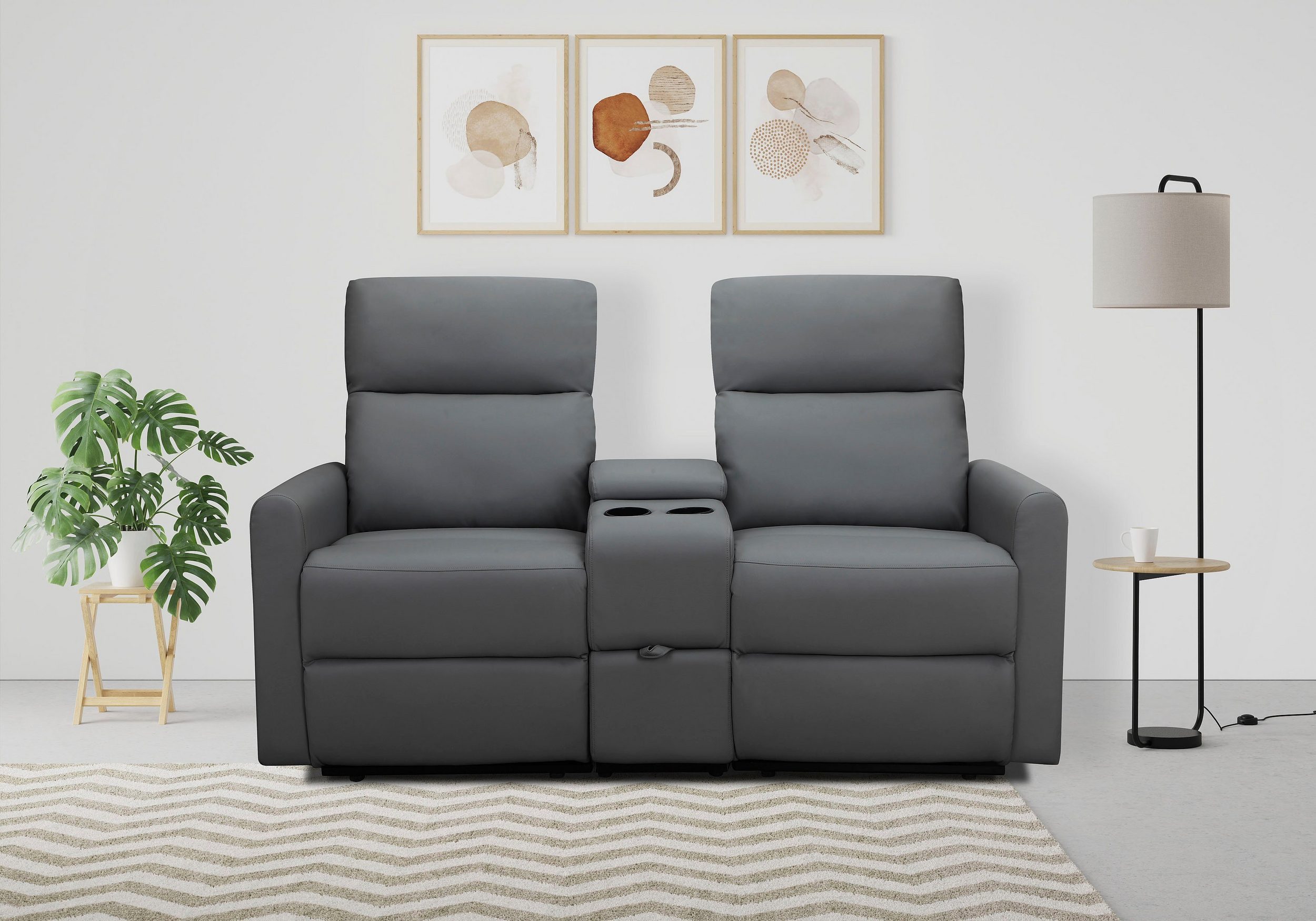 loft24 Relaxsessel Klaus - 2-Sitzer Sofa, Kinsofa, Fernsehsessel, Couch, Sessel, mit Relaxfunktion, Getränkefach, Stauraum, Stoffbezug, modern