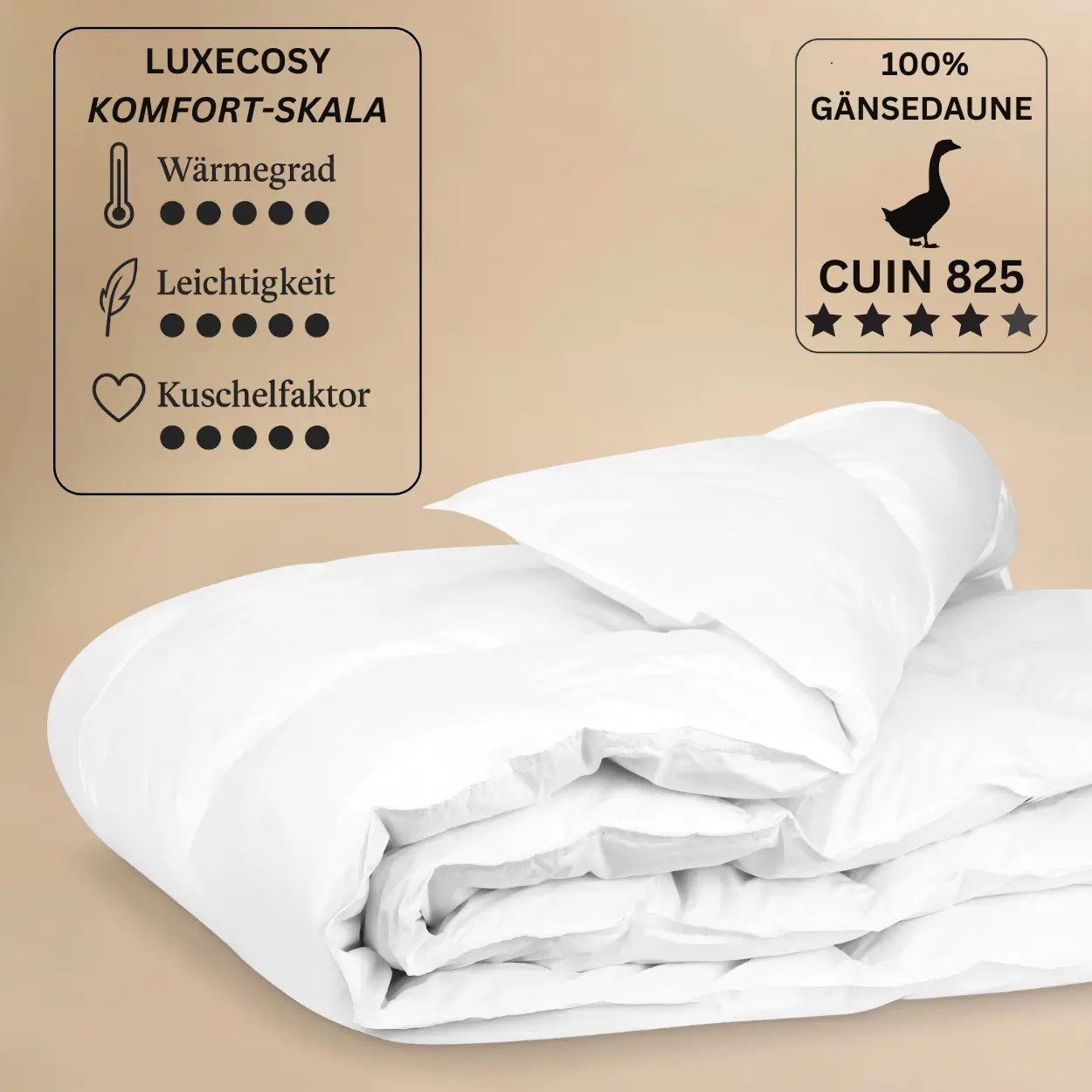 LuxeCosy GmbH Gänsedaunenbettdecke Pure Gänse-Daunendecke, Füllung: 100% Gänsedaune, Bezug: 100% Baumwolle 220er Edelbatist, Bettdecke 135x200, 155x220 cm, Hergestellt in Deutschland
