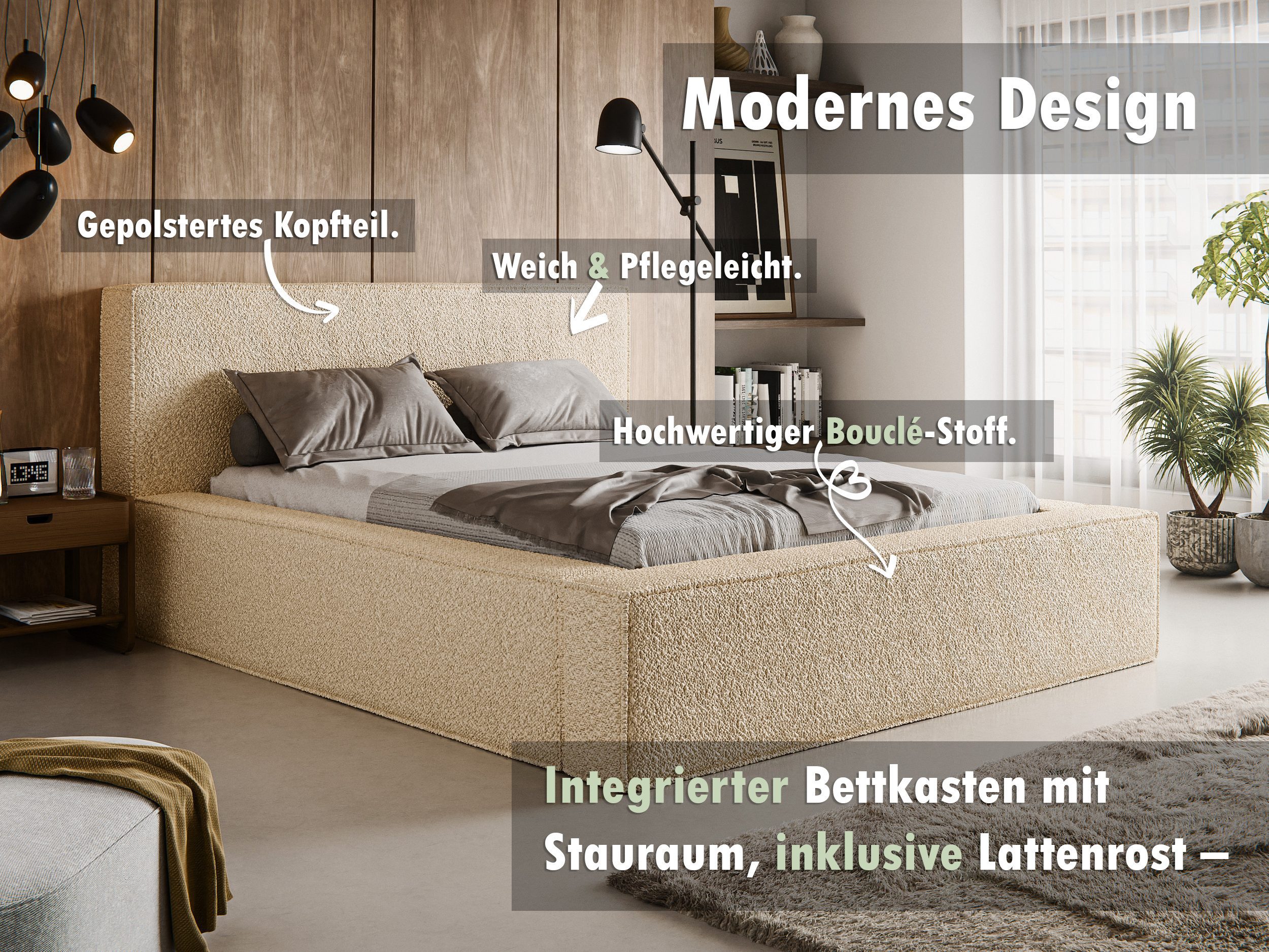 thematys Polsterbett mit Bettkasten, Stauraumbett, Bouclé günstig online kaufen