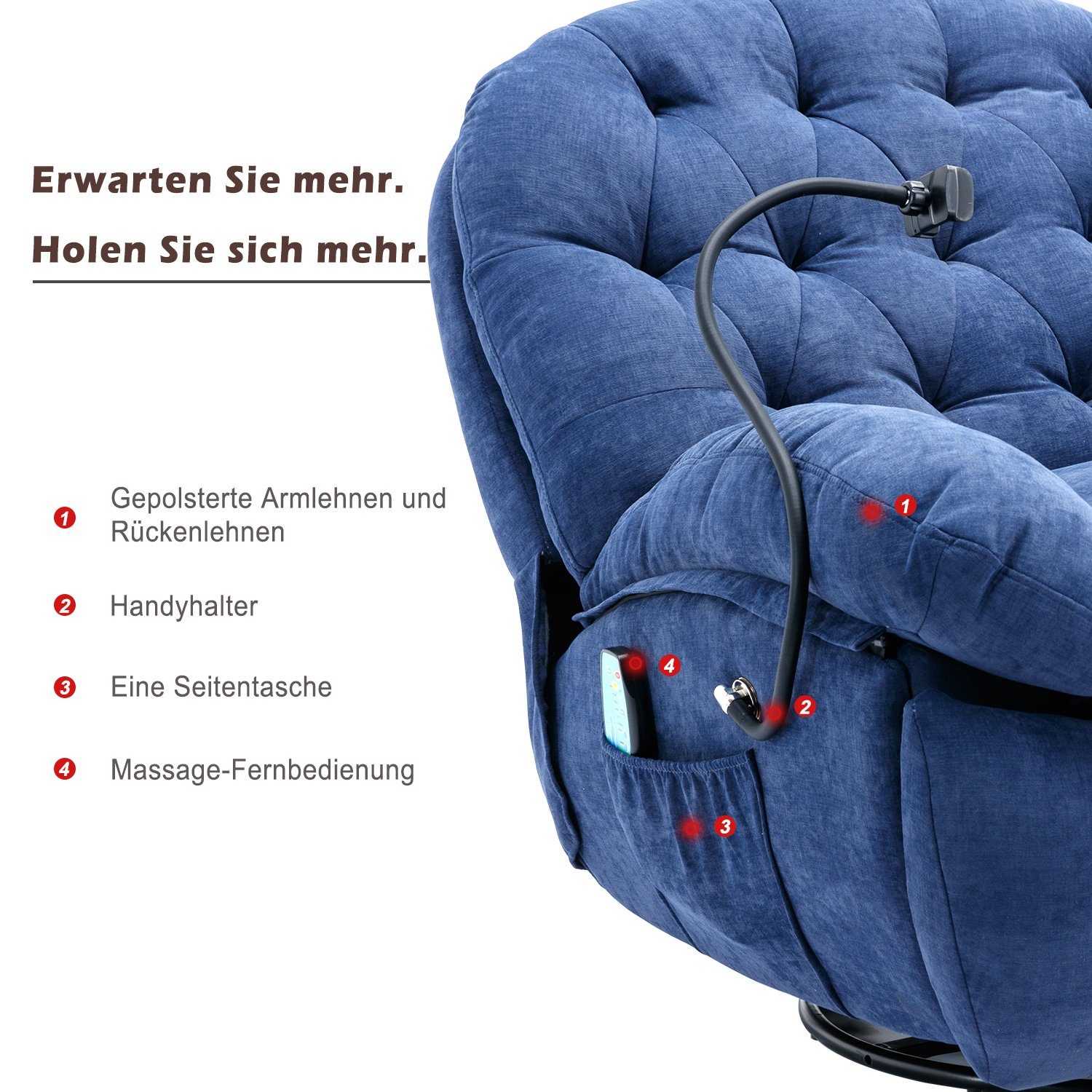 und Fernsehsessel Merax mit TV-Sessel Timer, Relaxsessel Vibration mit 360° Massagesessel Drehfunktion Wärmefunktion, Blau Fernbedienung, mit und