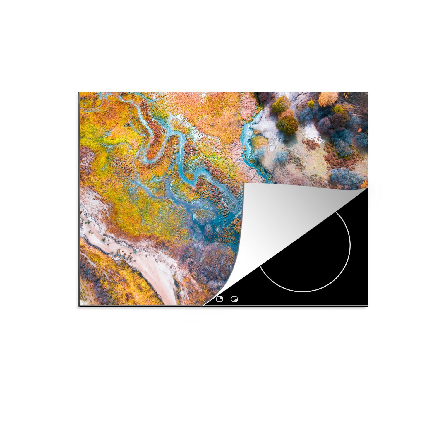 MuchoWow Herdblende-/Abdeckplatte Natur - Fluss - Herbst - Hügel, Vinyl, (1 tlg), 70x52 cm, Mobile Arbeitsfläche nutzbar, Ceranfeldabdeckung