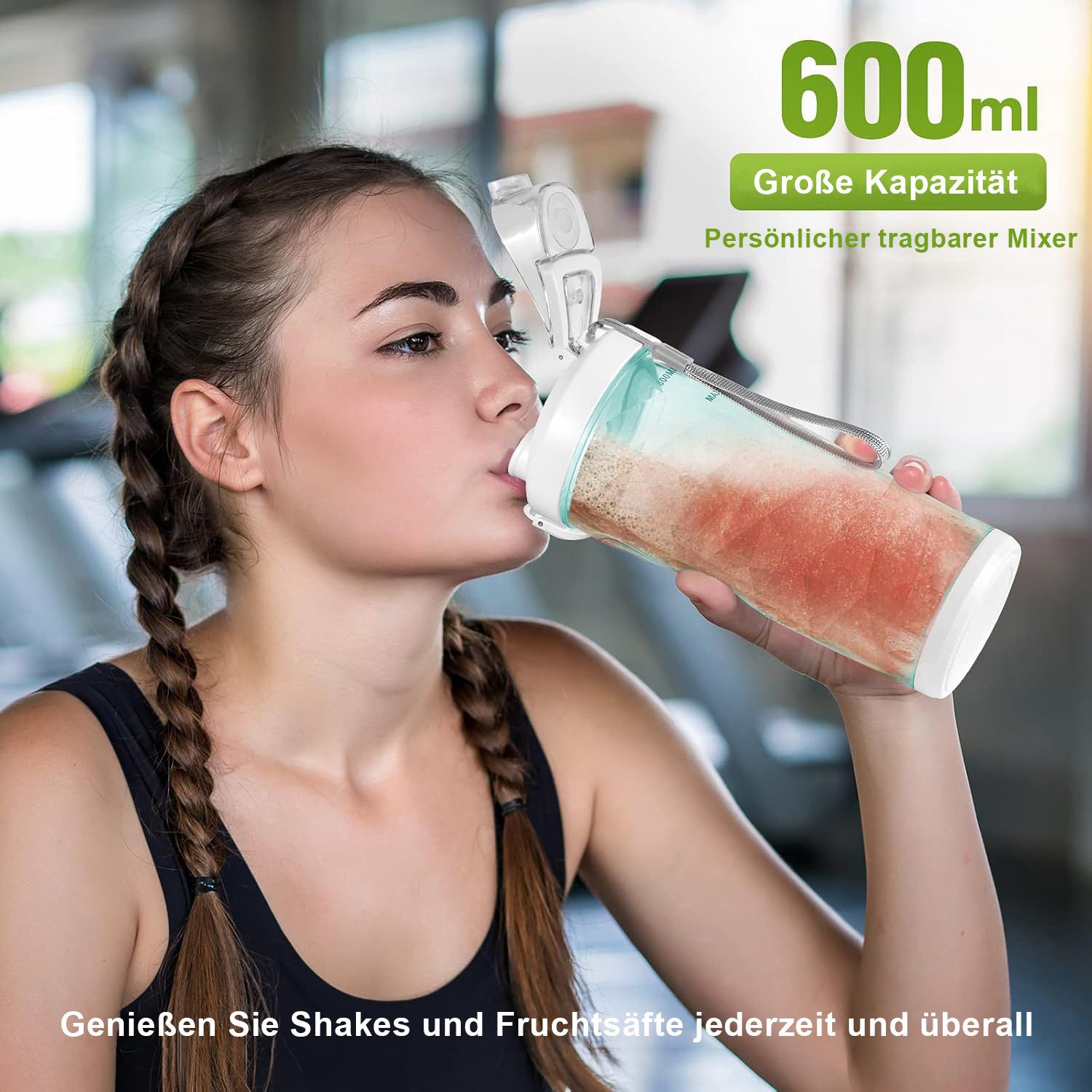 MODFU Akku-Smoothie-Maker 600ml Elektrischer Tragbarer Smoothie Mixer mit 6 Edelstahlklingen, 240 W, 2-in-1 Trinkflasche für Fitnessstudio Büro Camping und Reisen