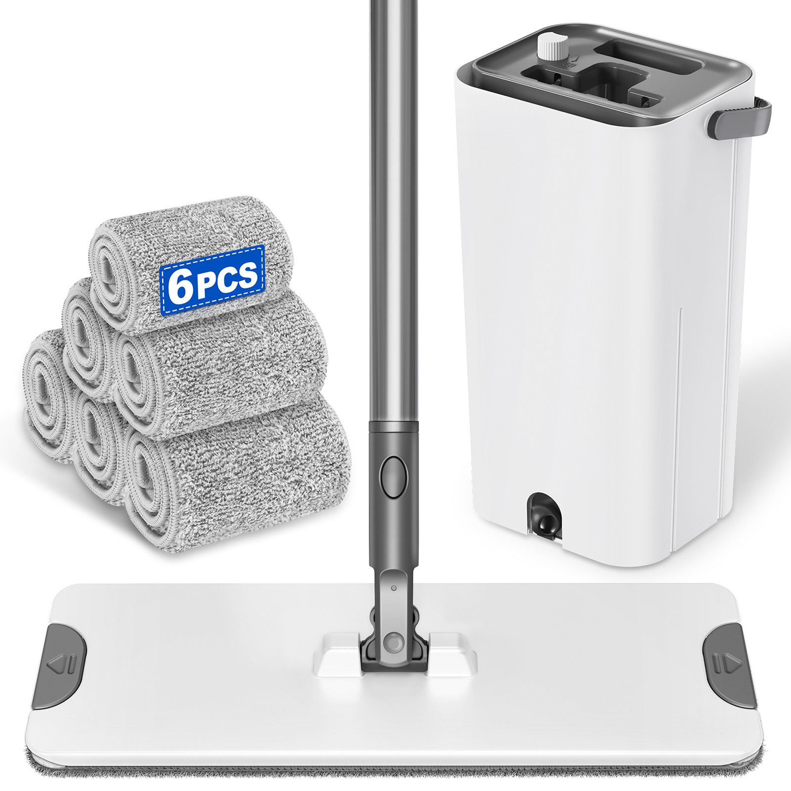 HUGERSTONE Bodenwischer-Set 360° Drehung Wischmopp Set mit Eimer und 6 Waschbaren Mikrofaser-Pads, (2 in 1 Putzeimer Set mit Auswringfunktion und 3-Kammer-System), Flachmopp mit 135cm Verstellbarem Stiel, Geeignet für alle Hartböden