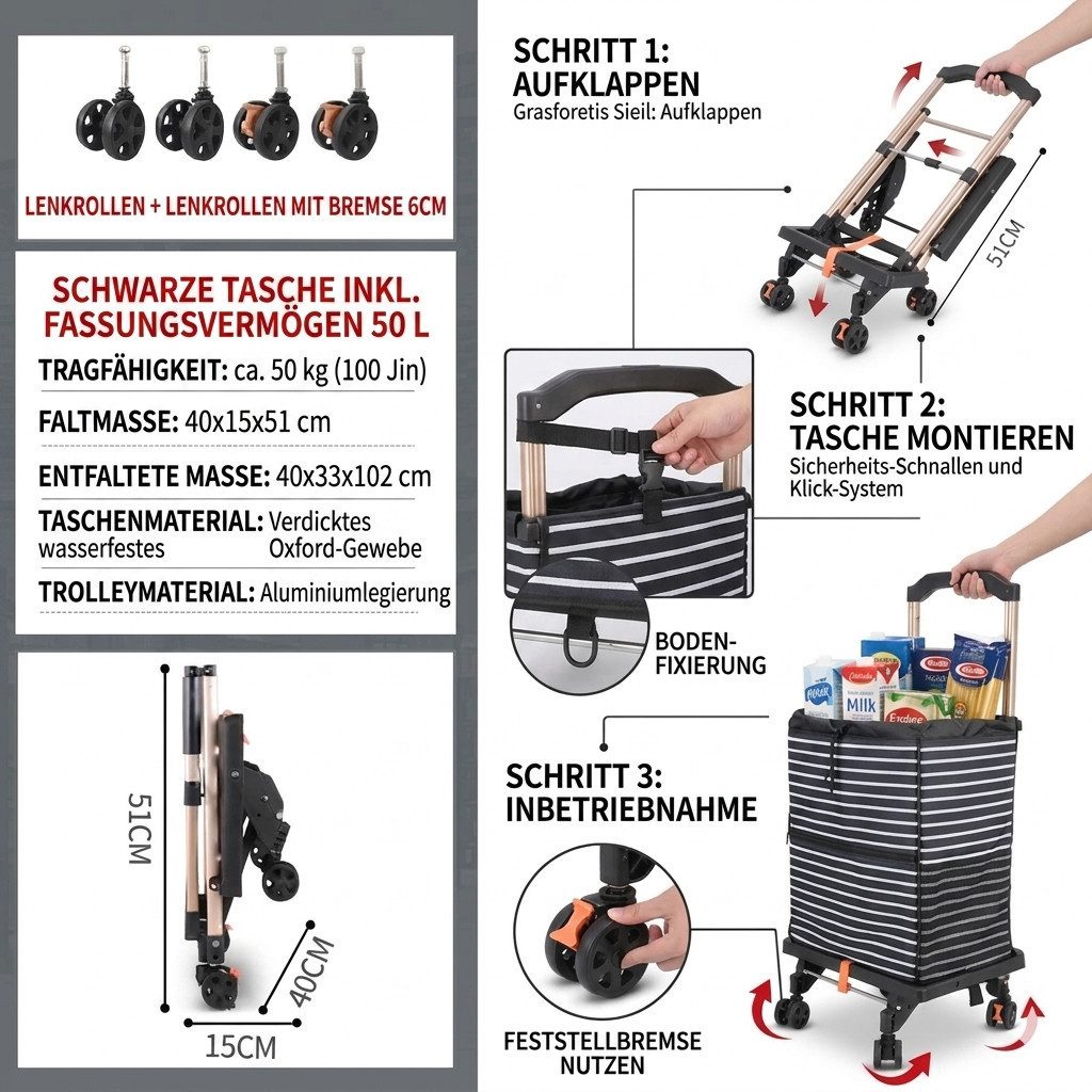 P & K Sackkarre 2in1 Einkaufstrolley & Sackkarre – faltbar, 360° Rollen, Alu-Gestell – Bild 3 von 4