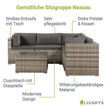 Juskys Gartenlounge-Set Nassau, Polyrattan Ecksofa mit Tisch und Polstern, für 5 Personen