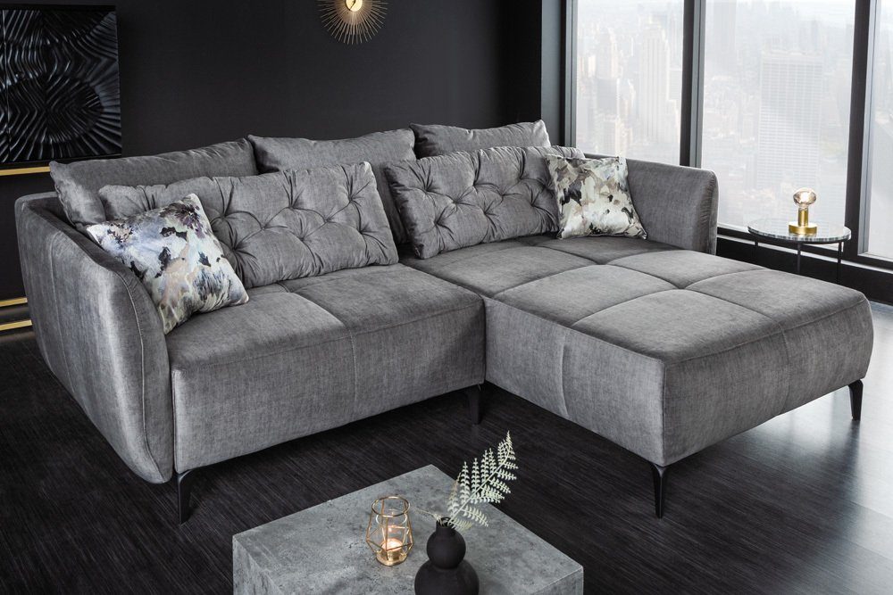grau MARRAKESCH Samt 1 Couch Wohnzimmer / Einzelartikel Teile, Kissen L-Form schwarz, · · · · inkl. Design riess-ambiente Ecksofa 245cm