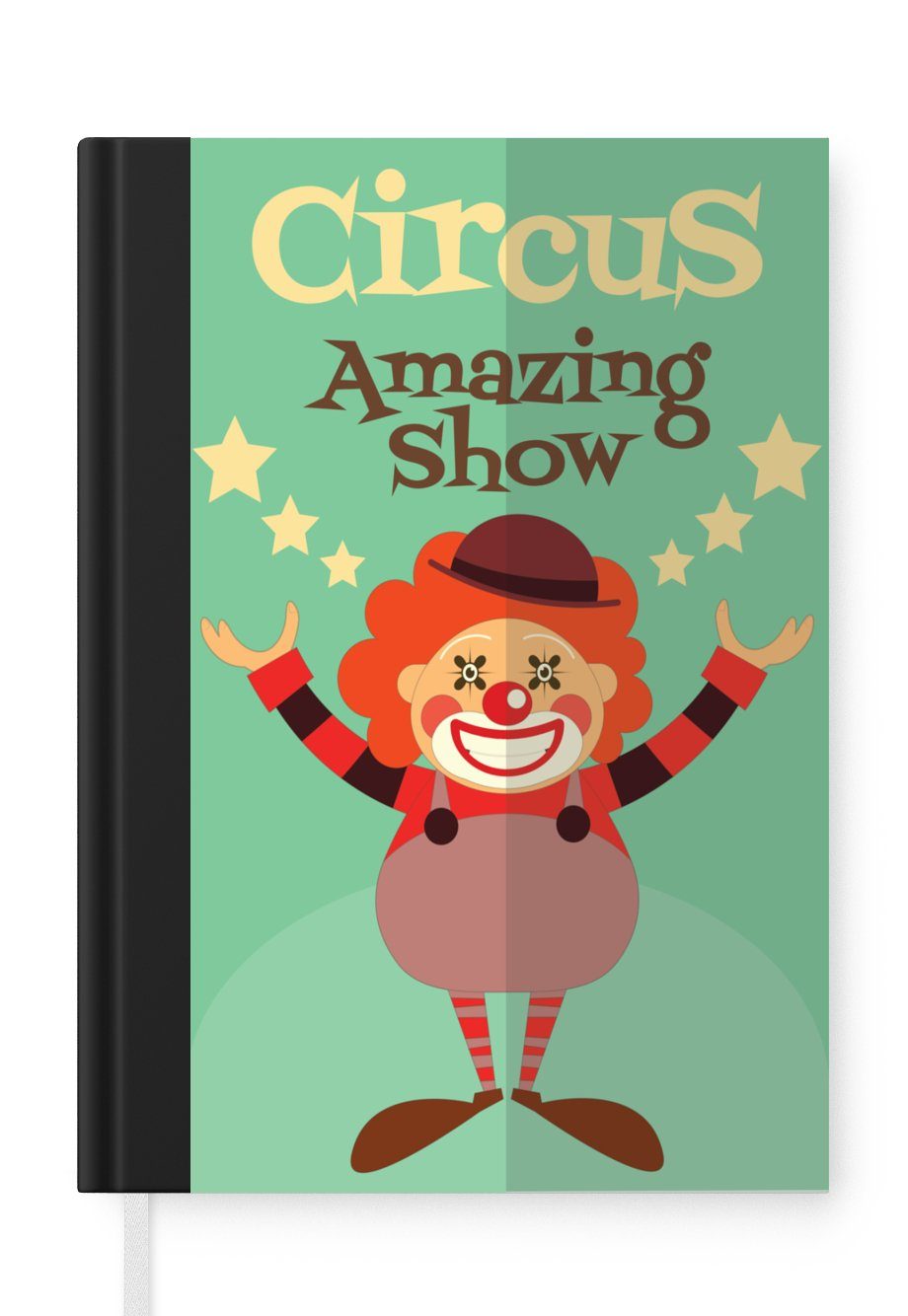 MuchoWow Notizbuch "Zirkus" mit einem Clown auf grünem Hintergrund, Journal, Merkzettel, Tagebuch, Notizheft, A5, 98 Seiten, Haushaltsbuch