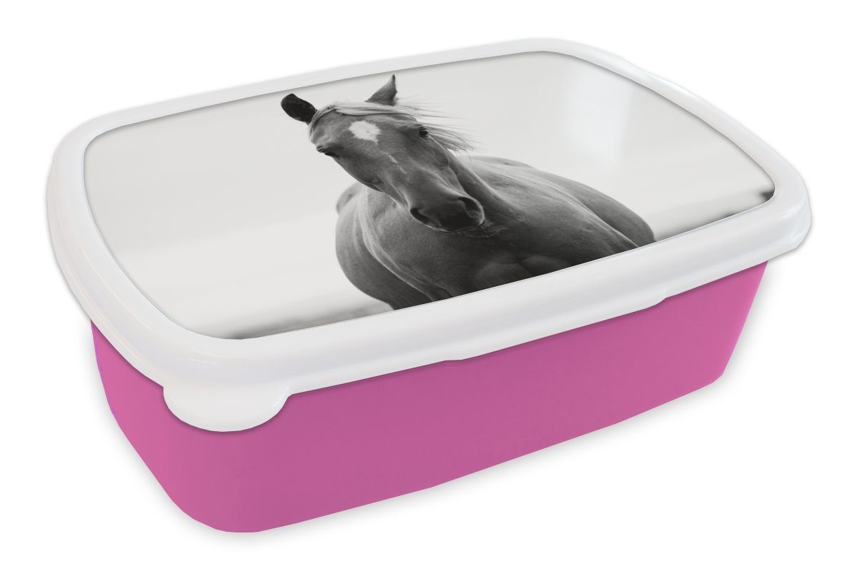 MuchoWow Lunchbox Pferd - Tier - Schwarz - Weiß, Kunststoff, (2-tlg), Brotbox für Erwachsene, Brotdose Kinder, Snackbox, Mädchen, Kunststoff rosa