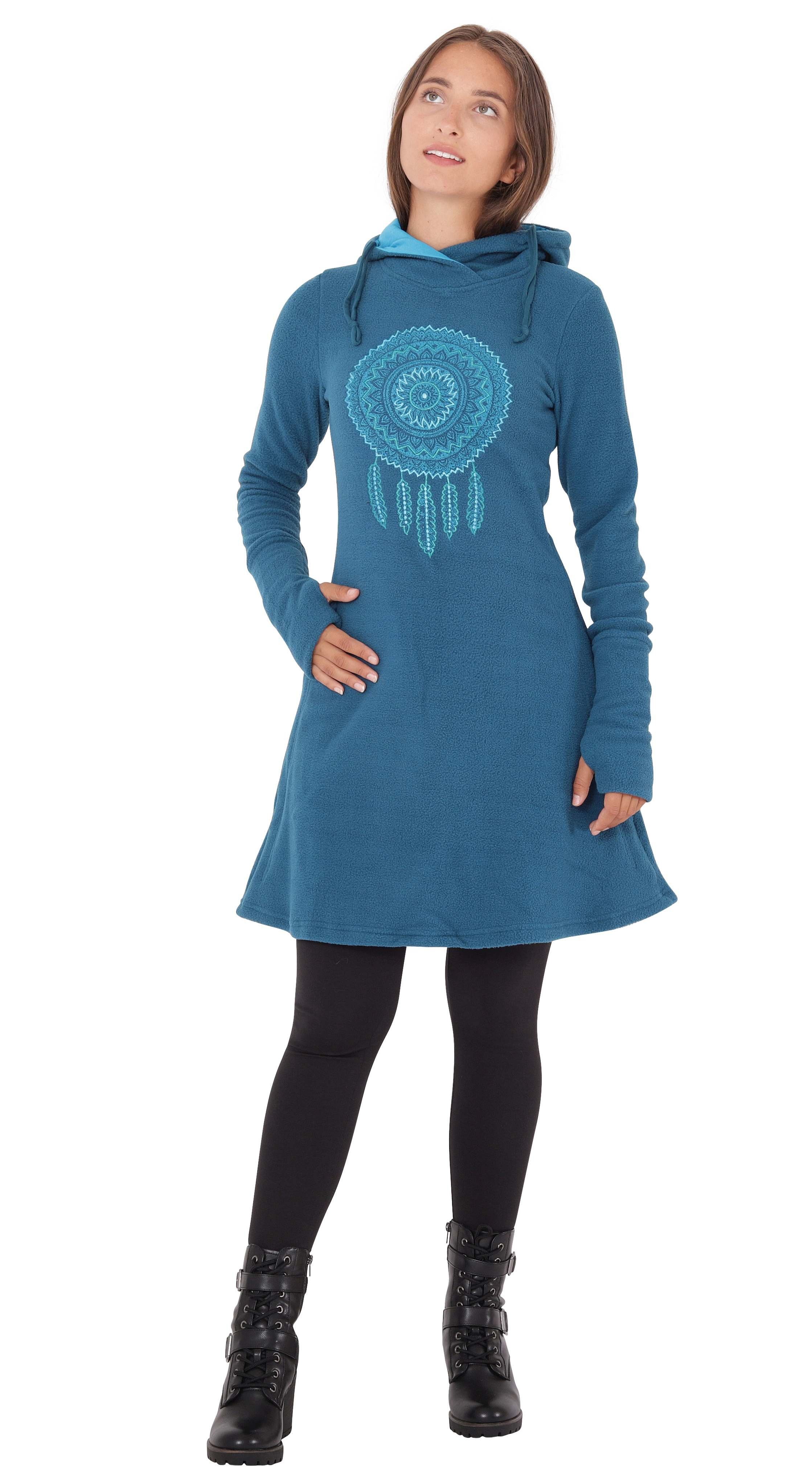 dr31 PUREWONDER Traumfänger Winterkleid Fleece Kapuzenkleid Blau A-Linien-Kleid mit