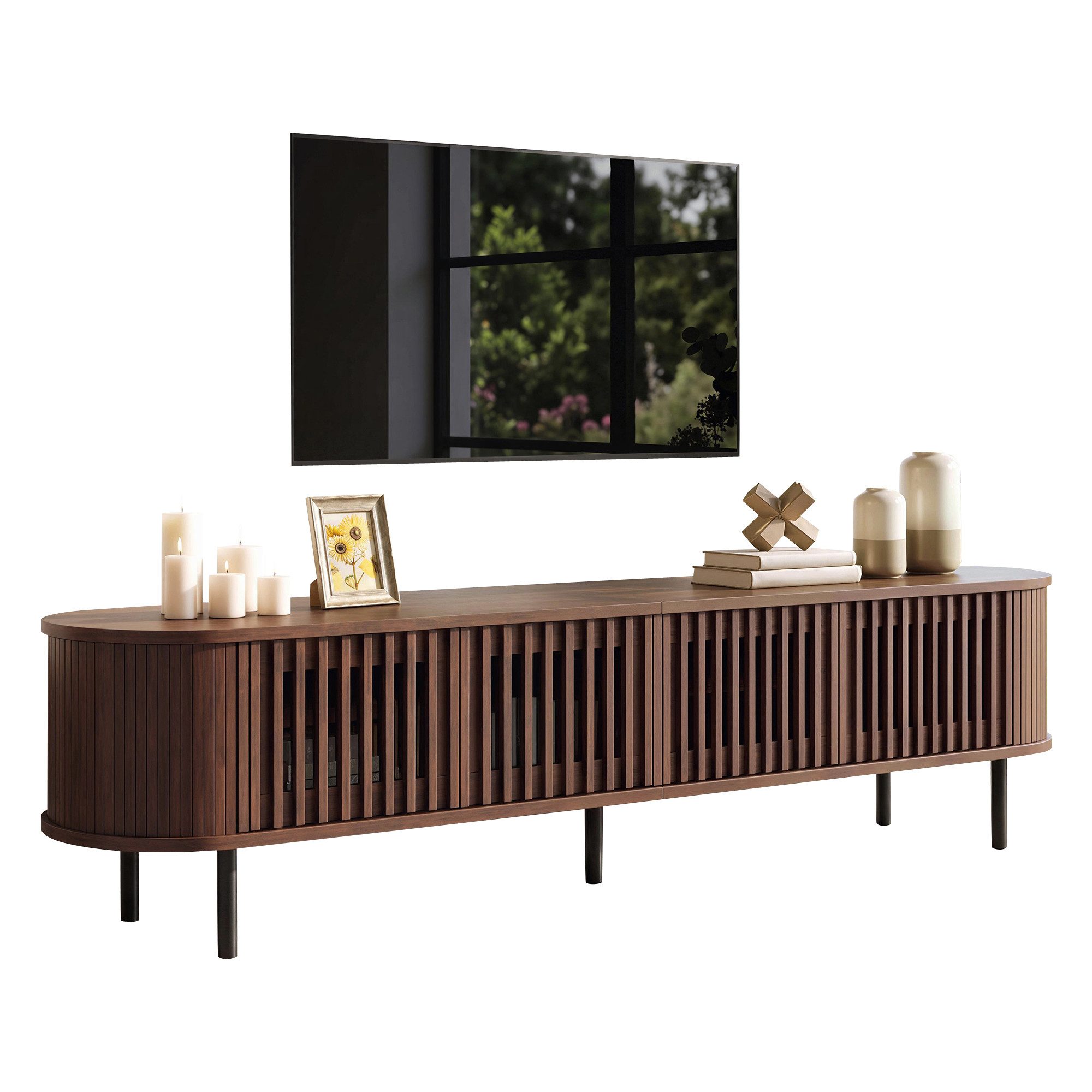Merax Lowboard in Walnussholzoptik, Fernsehtisch mit Kabelmanagement (178 × 39,5 × 49,5 cm, 1 St), TV Schrank mit 4 Türen mit Lamellen-Design, Metallbeine & Stauraum