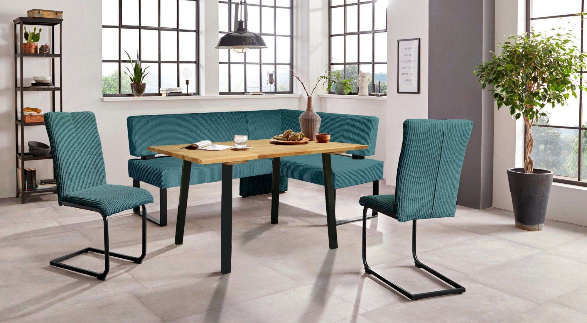 OTTO home Eckbankgruppe Oliver, (Set, 4-tlg., 4-tlg), Eckbank mit Wellenunterfederung im Sitz, Tisch Massiv Eiche