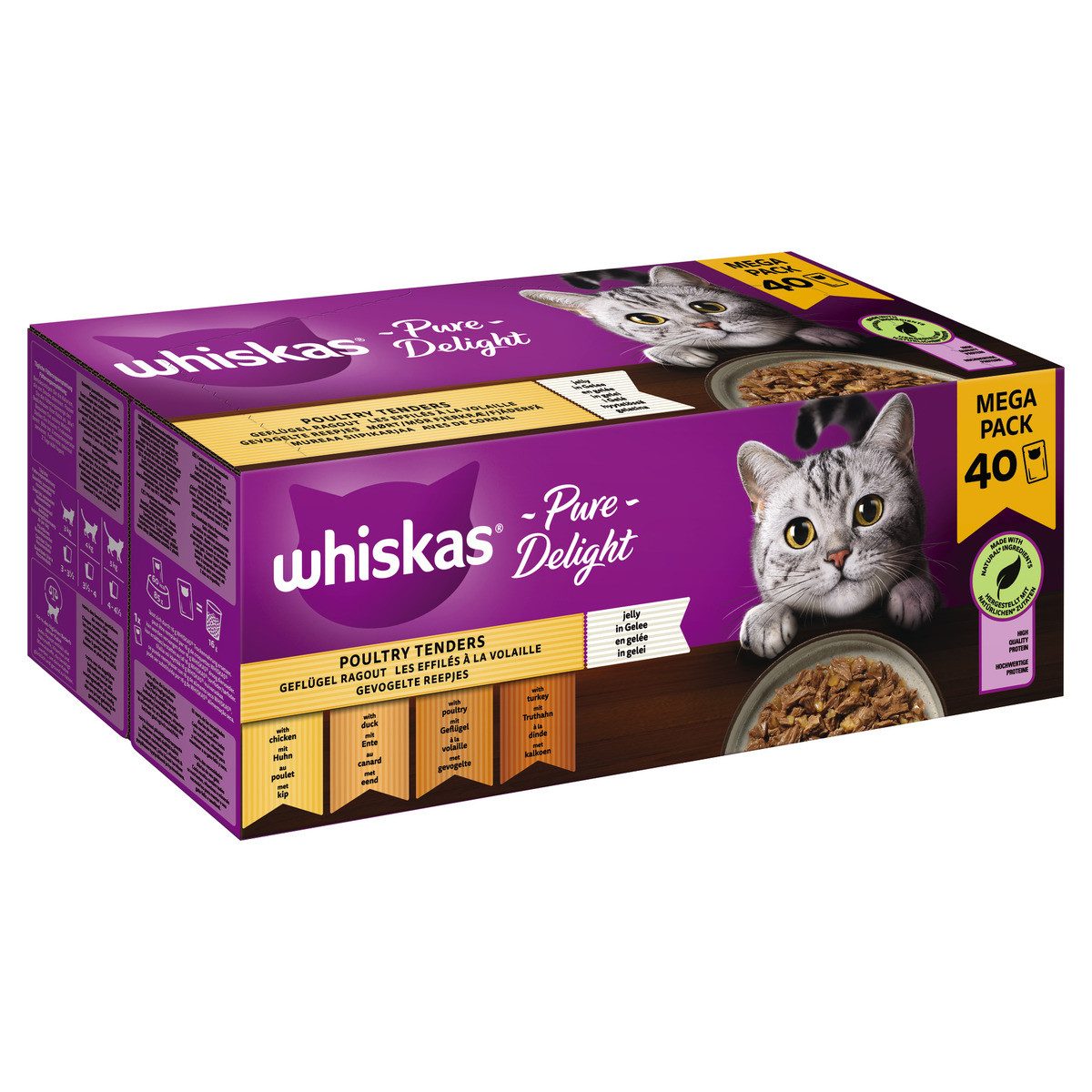 Whiskas Multipack Mega Pack PURE DELIGHT Geflügel Ragout in Gelee 40 x 85 g, Nassfutter für: Katze