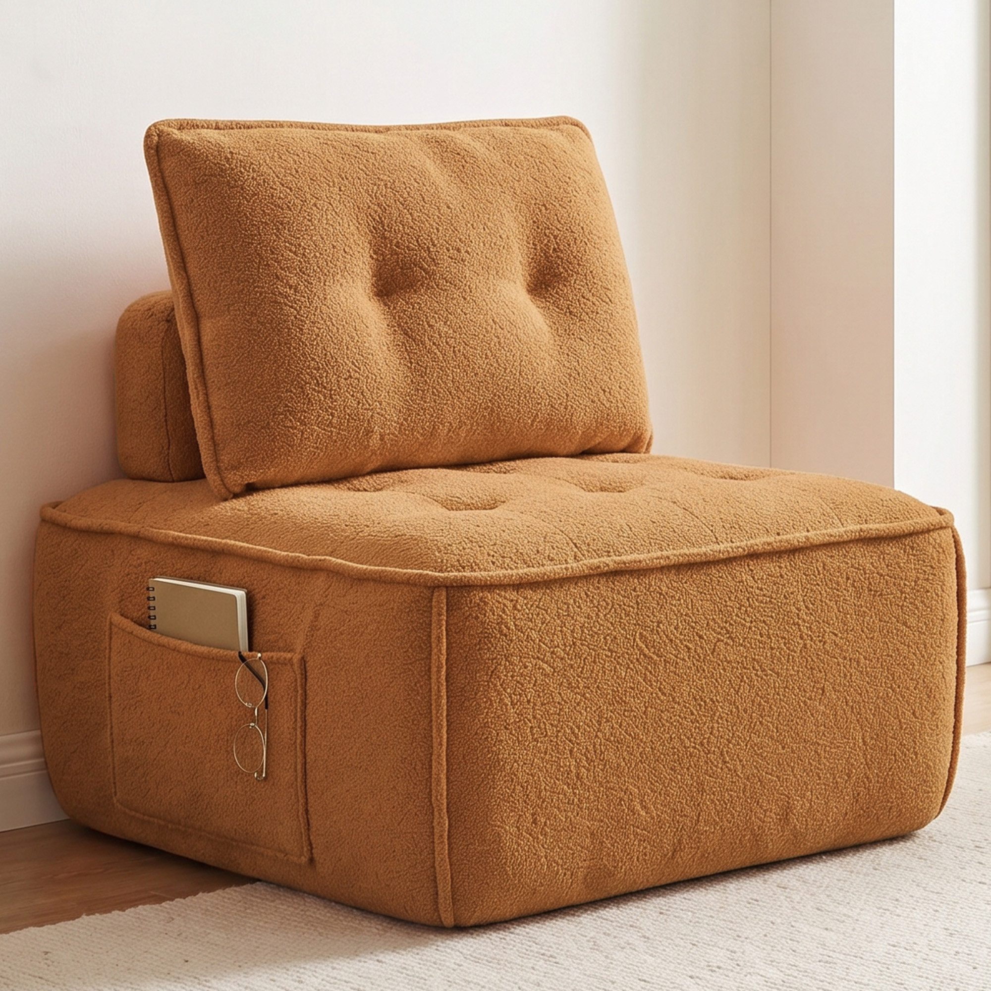 GLP Sofa Modulsofa mit Teddy-Bezug und Vollschaumkern, rahmenloses Bodensofa, 1 Sofamodul 84 x 84 cm, mit Rückenpolster und Stützrolle, ohne Montage, belastbar bis 150 kg