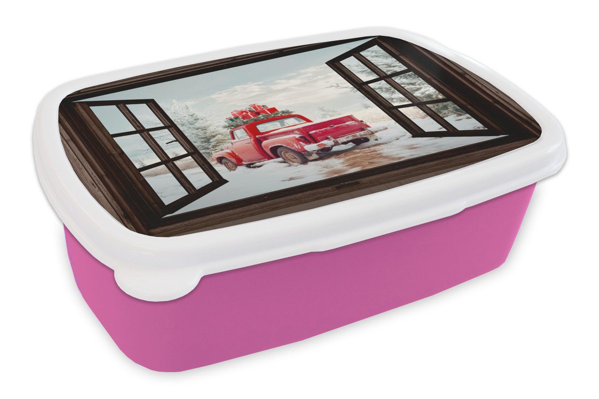 MuchoWow Lunchbox Durchsichtig - Auto - Rot - Geschenke - Winterlandschaft - Weihnachten, Kunststoff, (2-tlg), Brotdosen, Lunch Box, Brotbox für Kinder und Erwachsene