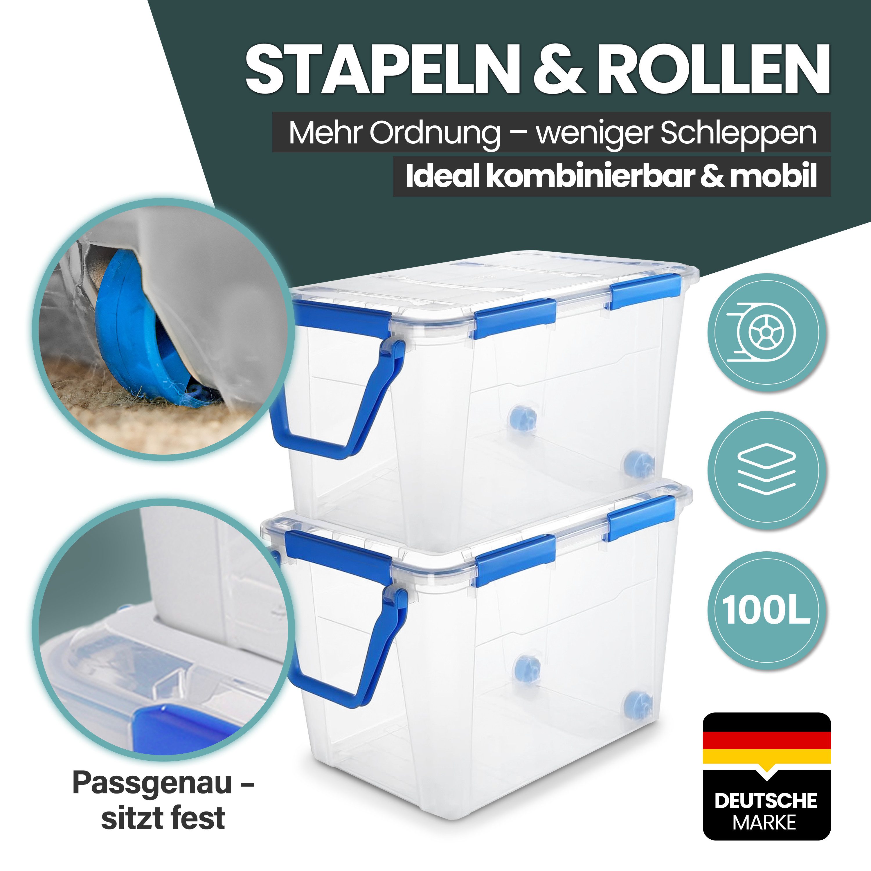 Kreher Aufbewahrungsbox mit Deckel und Dichtungsring (IP67) 100 Liter, rollbar (Set wählbar) (1 St)