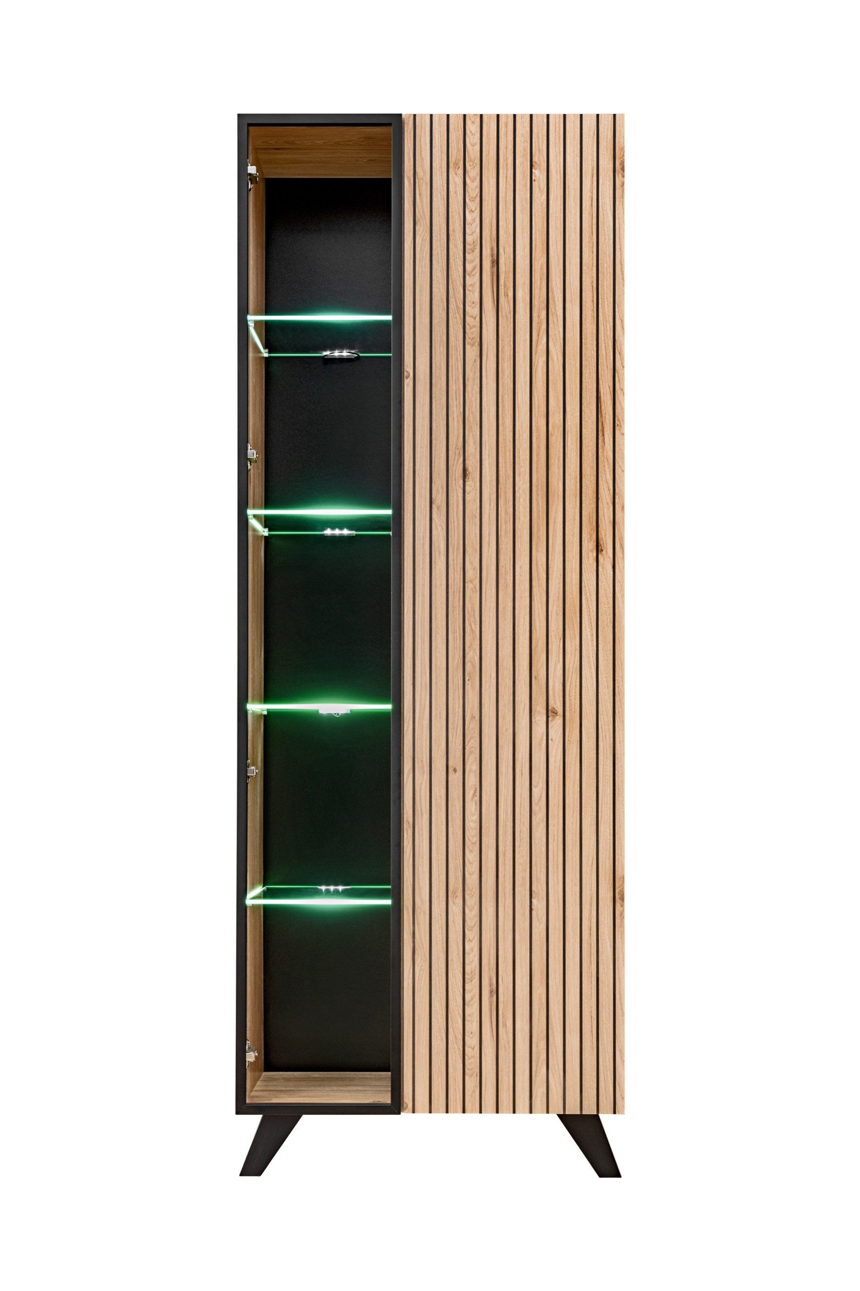 ASM-Moebel Wohnwand Wohnwand LIAM mit Lamellen und Bio Ethanol Kamin LED und Push - Click, Mit Bio-Ethanol Kamin, Led Beleuchtung und Push-Click System – Bild 3 von 5