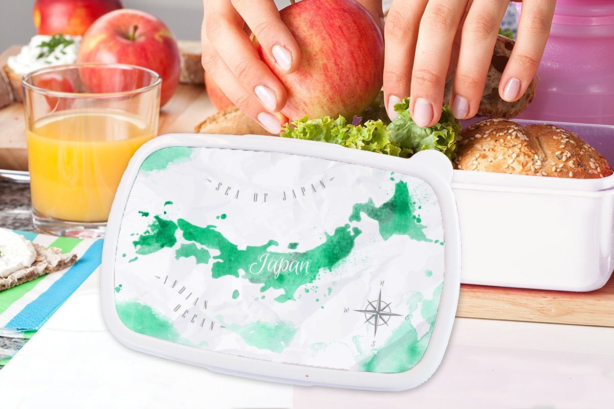 MuchoWow Lunchbox für und Brotdose, Windrose, weiß Brotbox für - Kunststoff, Erwachsene, Mädchen Weltkarte Jungs - Grün Kinder (2-tlg), und