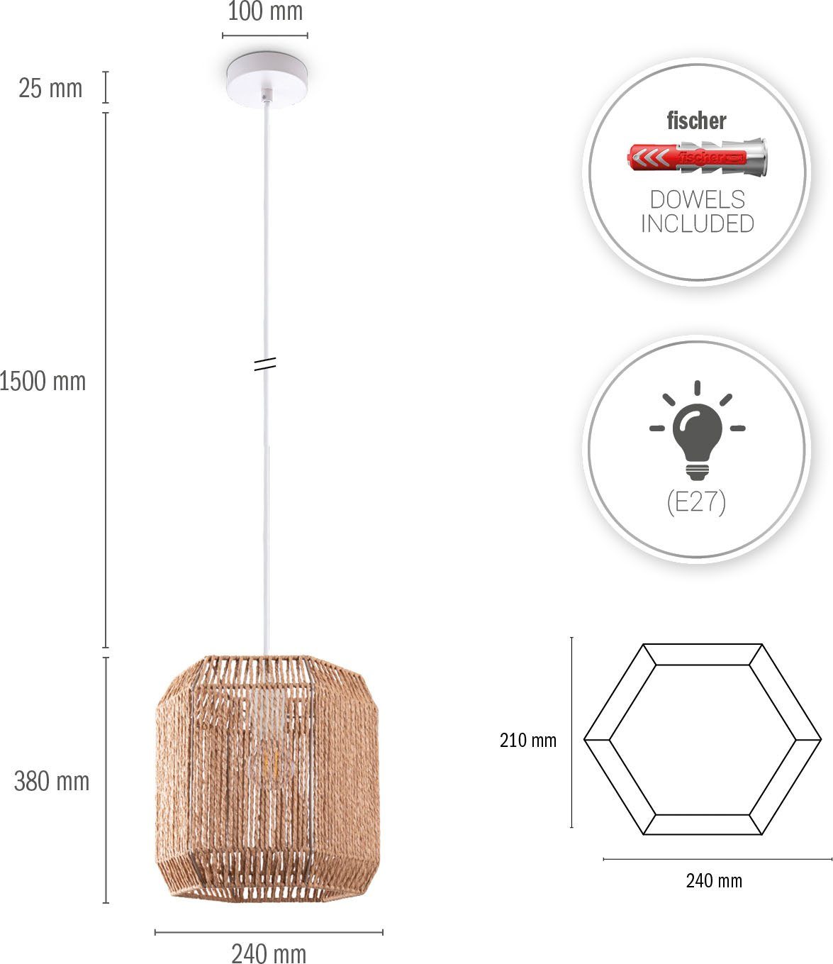 Paco Home Pendelleuchte Hugo Pepe, ohne Leuchtmittel, Wohnzimmer Esszimmer Rattan Optik Boho Schirm Papier Sechseckig