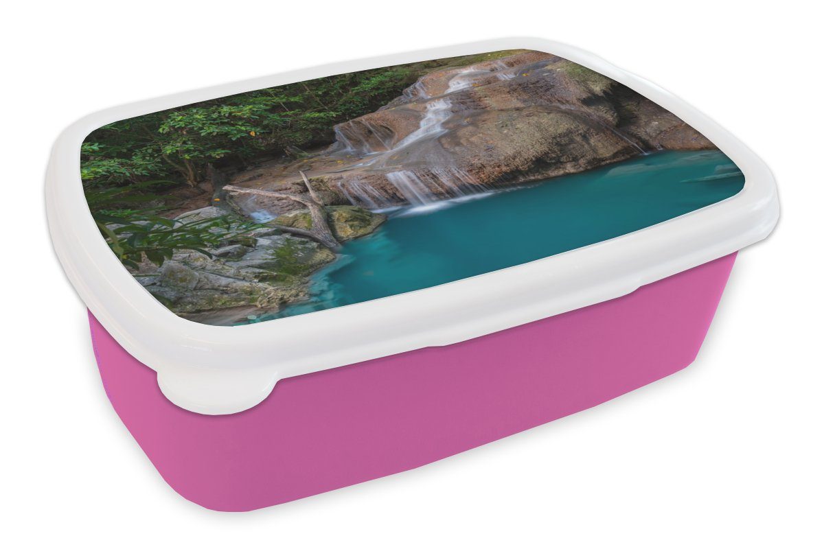 Kunststoff für Lunchbox Kunststoff, - MuchoWow Brotdose Erwachsene, Landschaft, Felsen Kinder, Wasserfall Snackbox, Mädchen, Brotbox (2-tlg), - rosa