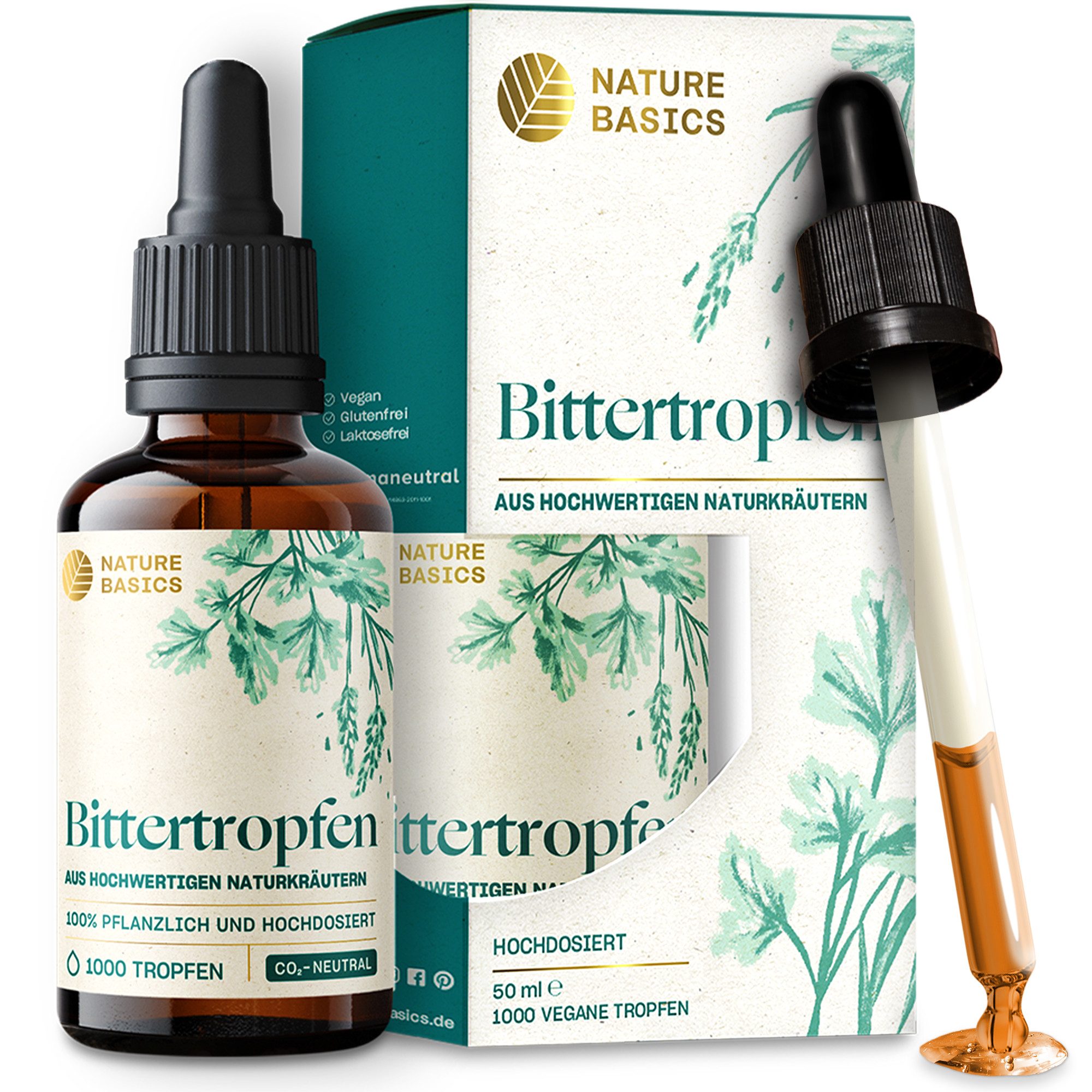 Nature Basics Hochwertige Bittertropfen Naturkräuter ohne Alkohol Vegan Tropfen, 50 ml