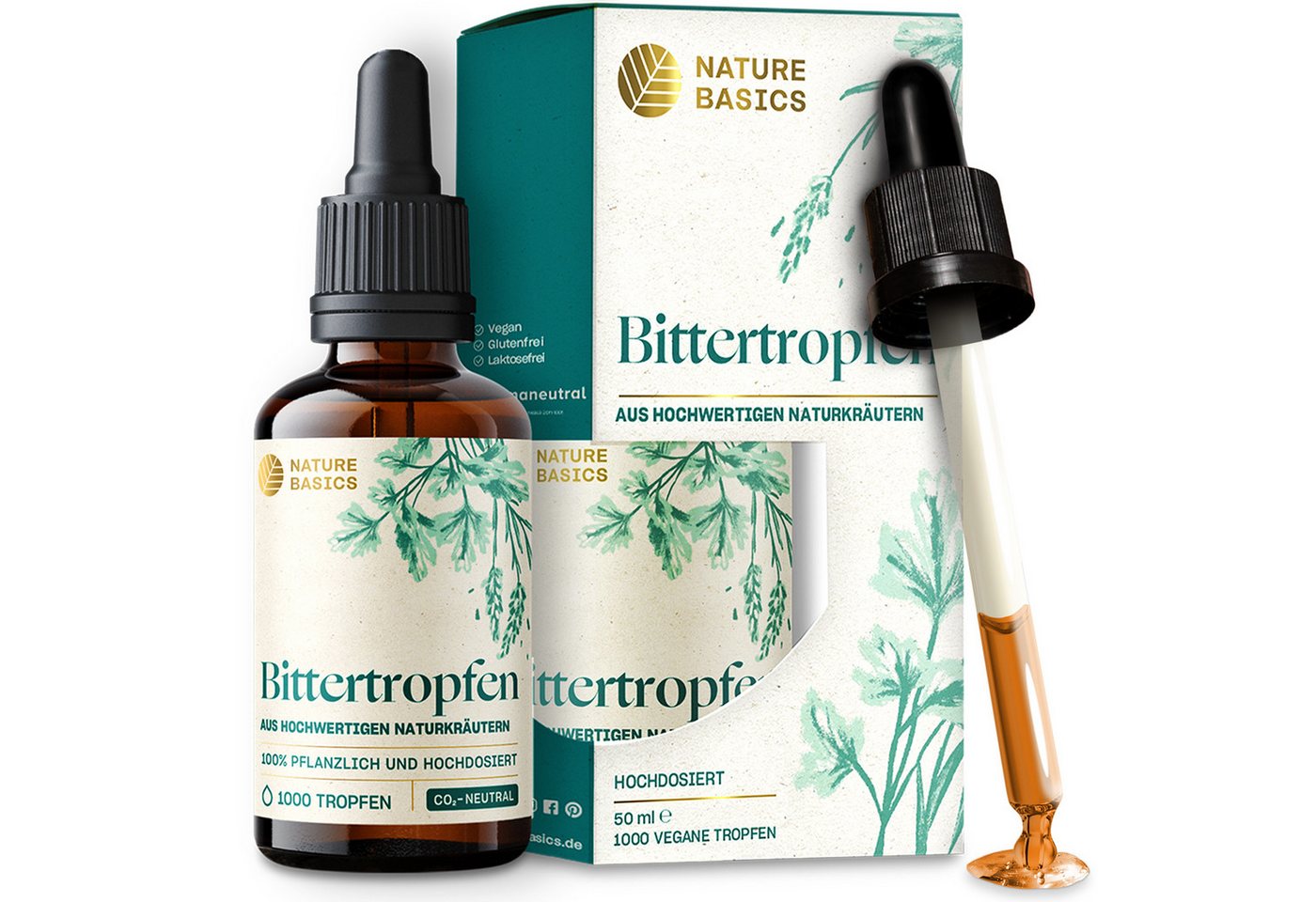 Nature Basics Hochwertige Bittertropfen Naturkräuter ohne Alkohol Vegan Tropfen, 50 g 50 ml