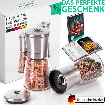 freegreen® Gewürzmühle PREMIUM« Salz und Pfeffermühle 14cm 2er Set + Clean Eating Kochbuch Manuell für ein einzigartig gleichmäßiges Mahlergebnis!, mit verstellbarem Keramik-Mahlwerk und Geschenkverpackung